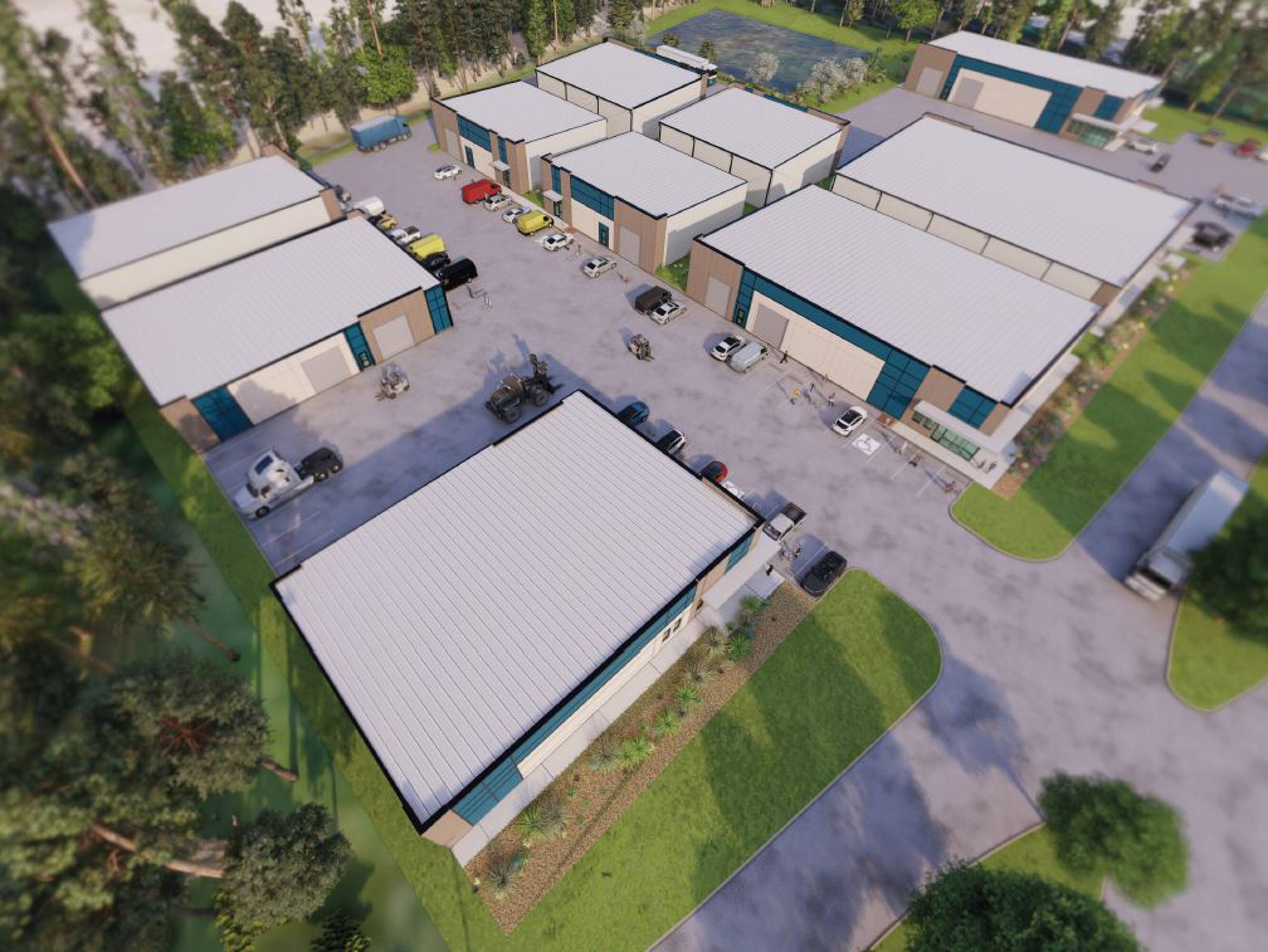 Aerial view of Misty Valley Business Center with modern industrial buildings, ample parking, and loading docks.