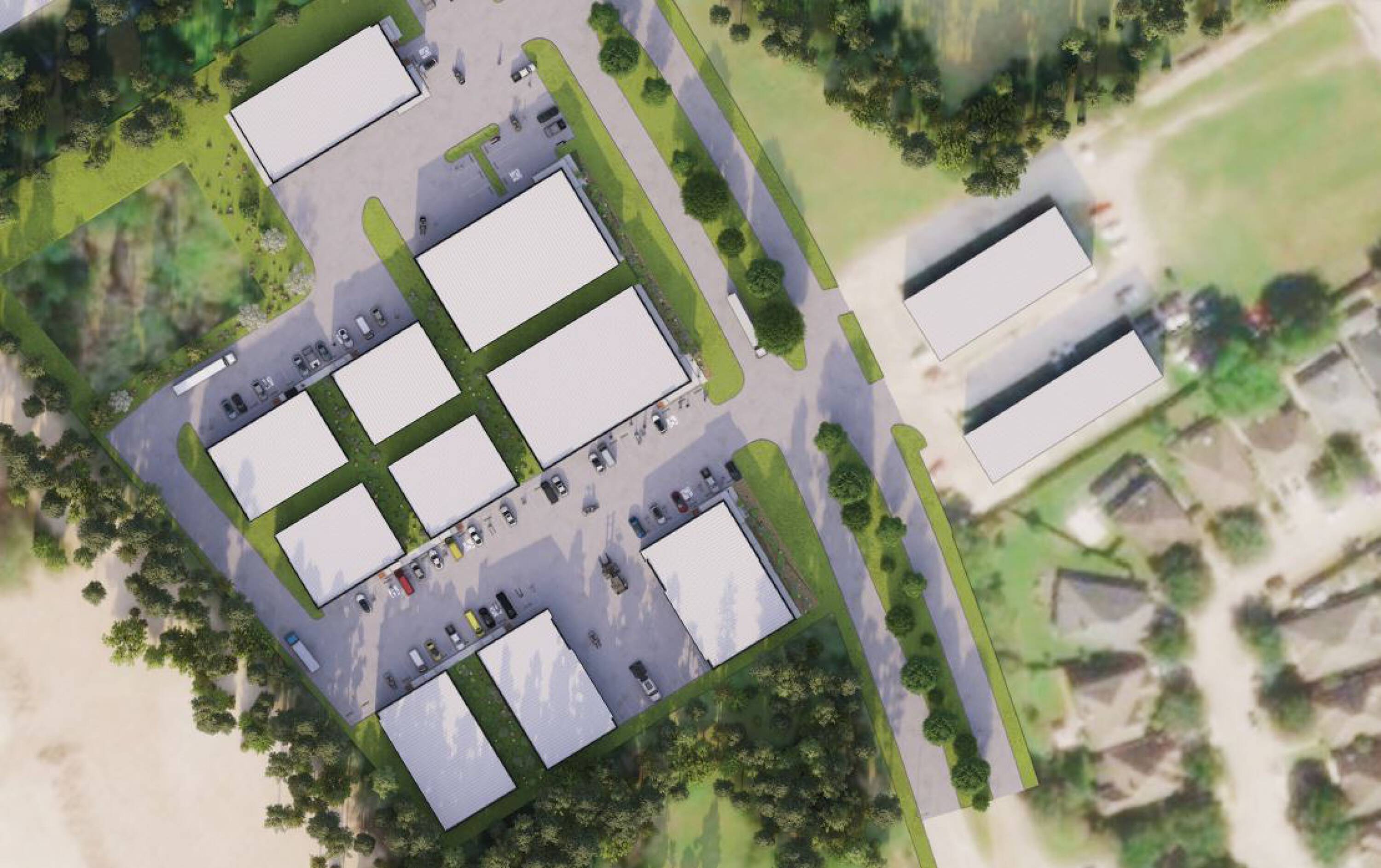 Aerial view of Misty Valley Business Center in Houston, TX, showcasing modern industrial buildings with ample parking and green spaces.