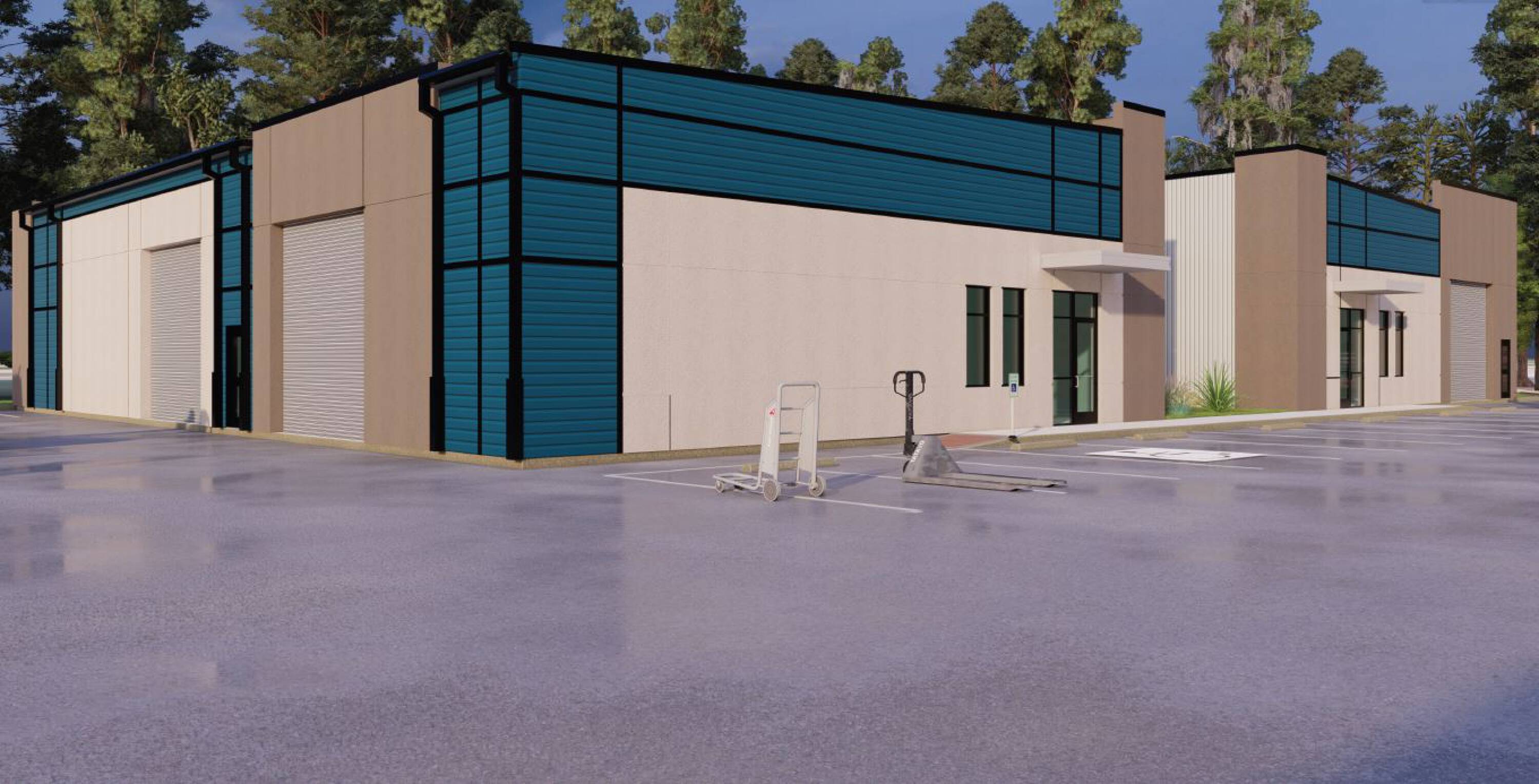 Modern industrial building with large windows and ample parking at Misty Valley Business Center, Houston, TX.