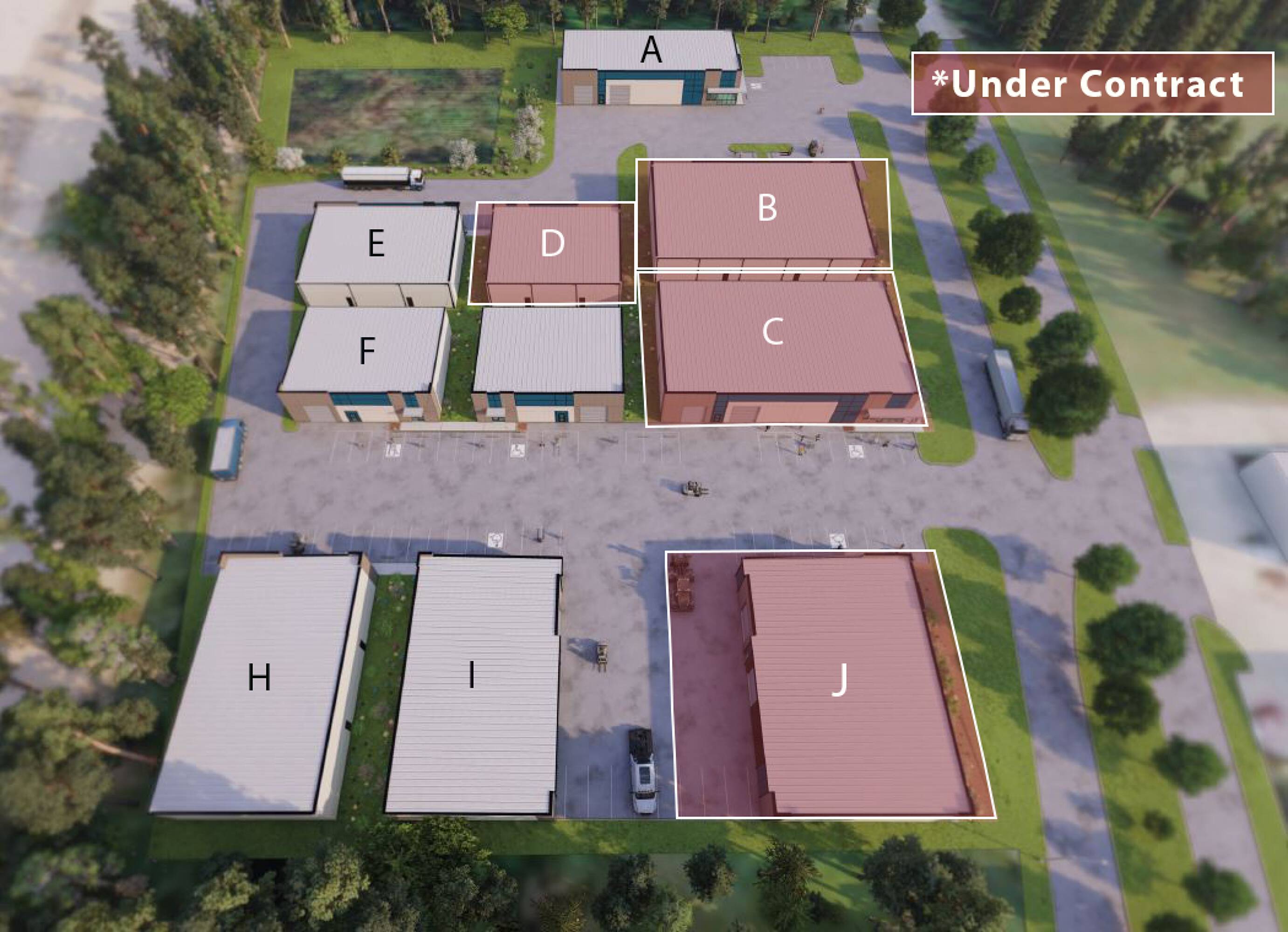 Aerial view of Misty Valley Business Center with labeled industrial units and surrounding greenery.