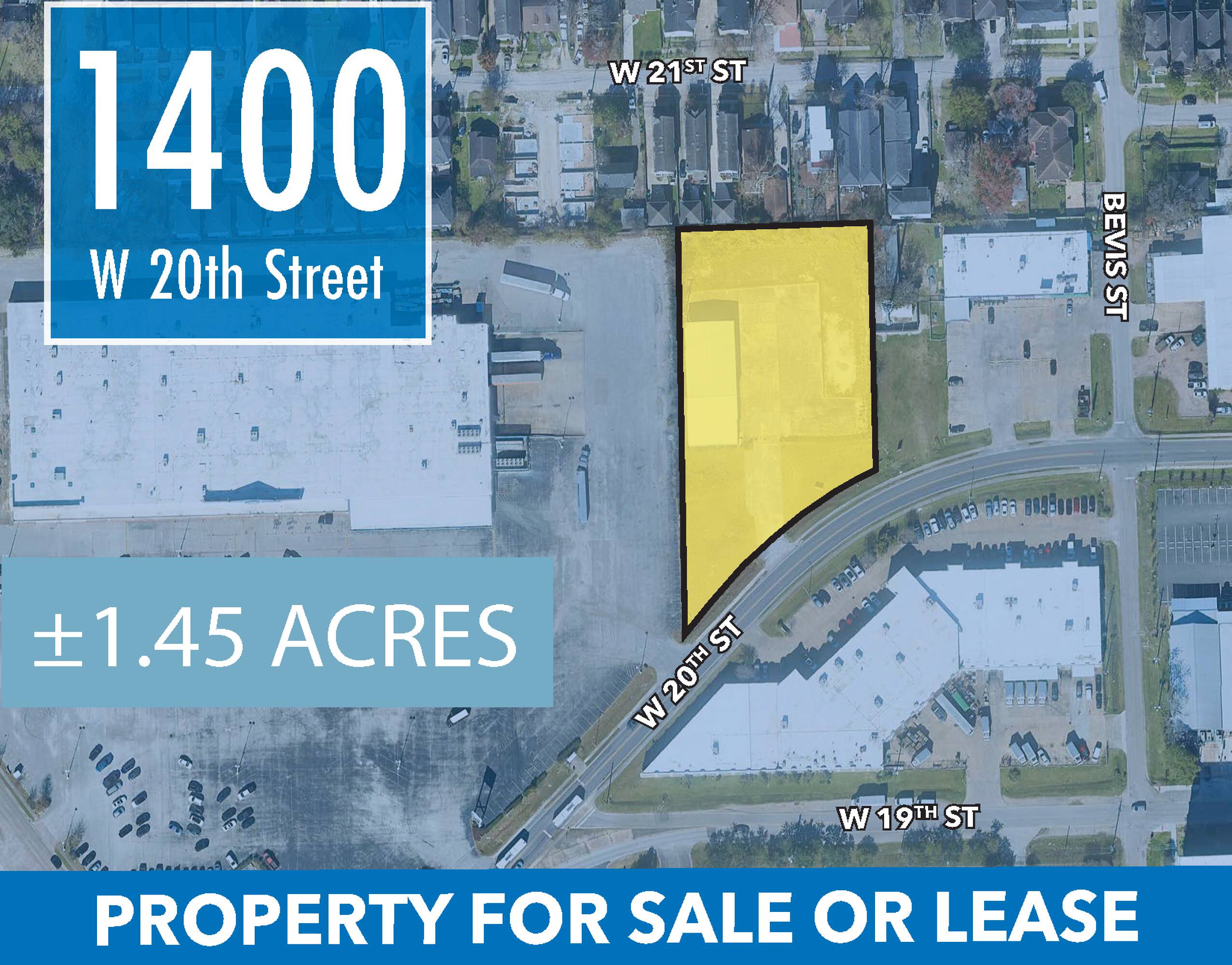 Aerial view of a vacant land property at 1400 W 20th St, Houston, TX, surrounded by commercial and industrial buildings.