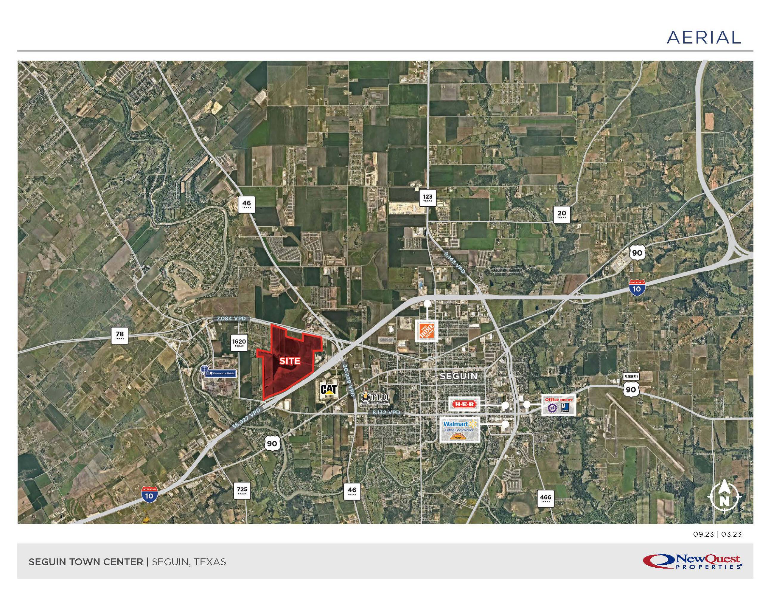 Aerial view of Seguin Town Center land for sale, located near major highways and retail stores in Seguin, TX.