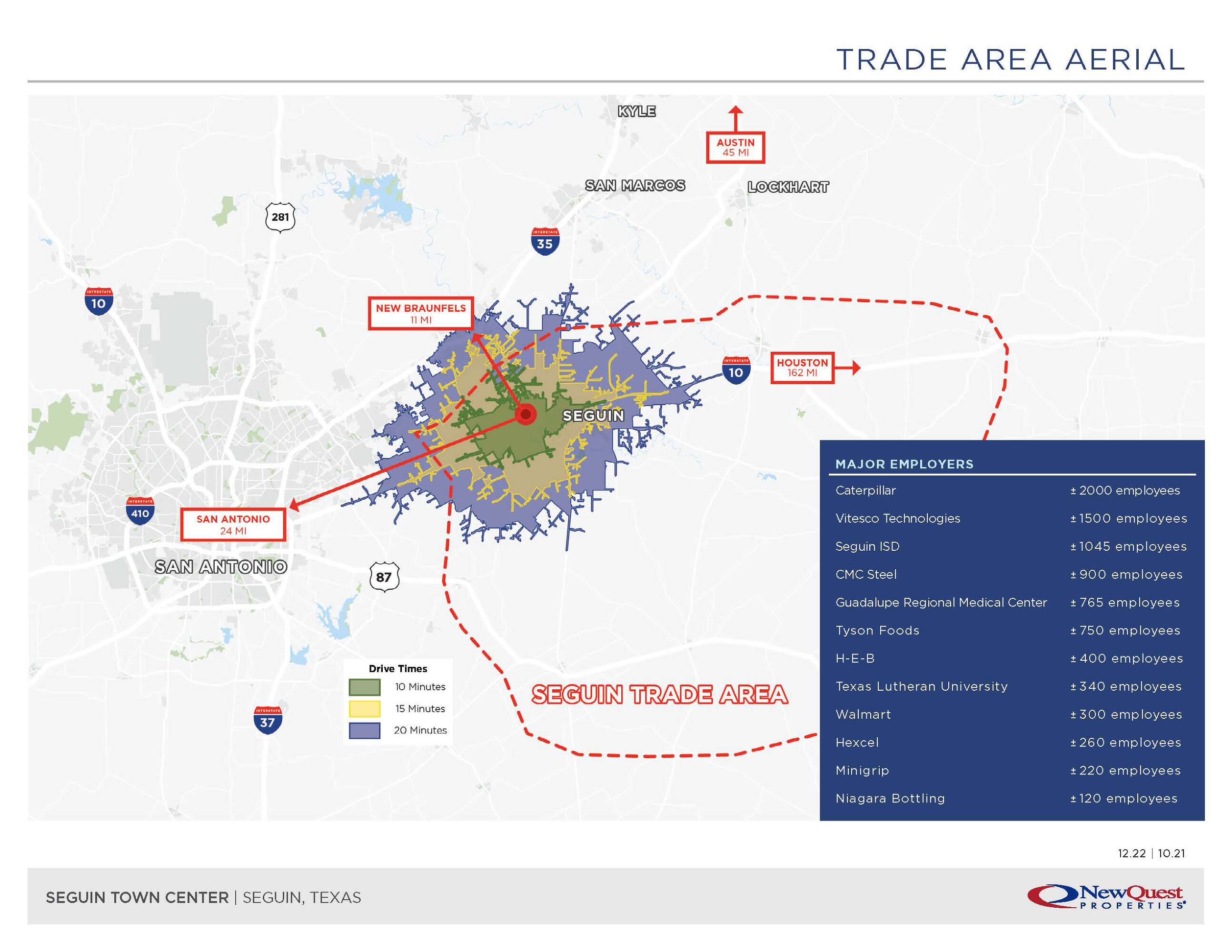 Aerial map highlighting the Seguin Town Center location along Highway 46 in Seguin, TX, with major employers and transportation routes marked.