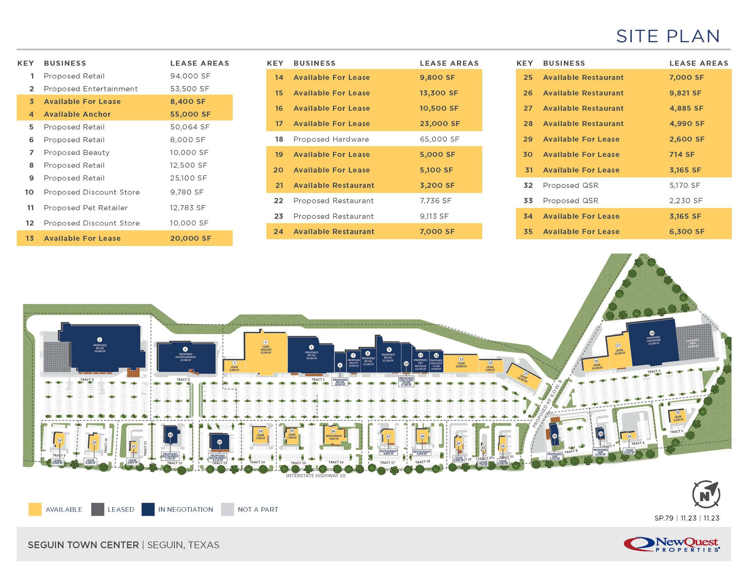 Site plan of Seguin Town Center showing proposed lease areas for retail, restaurants, and entertainment on Highway 46, Seguin, TX.