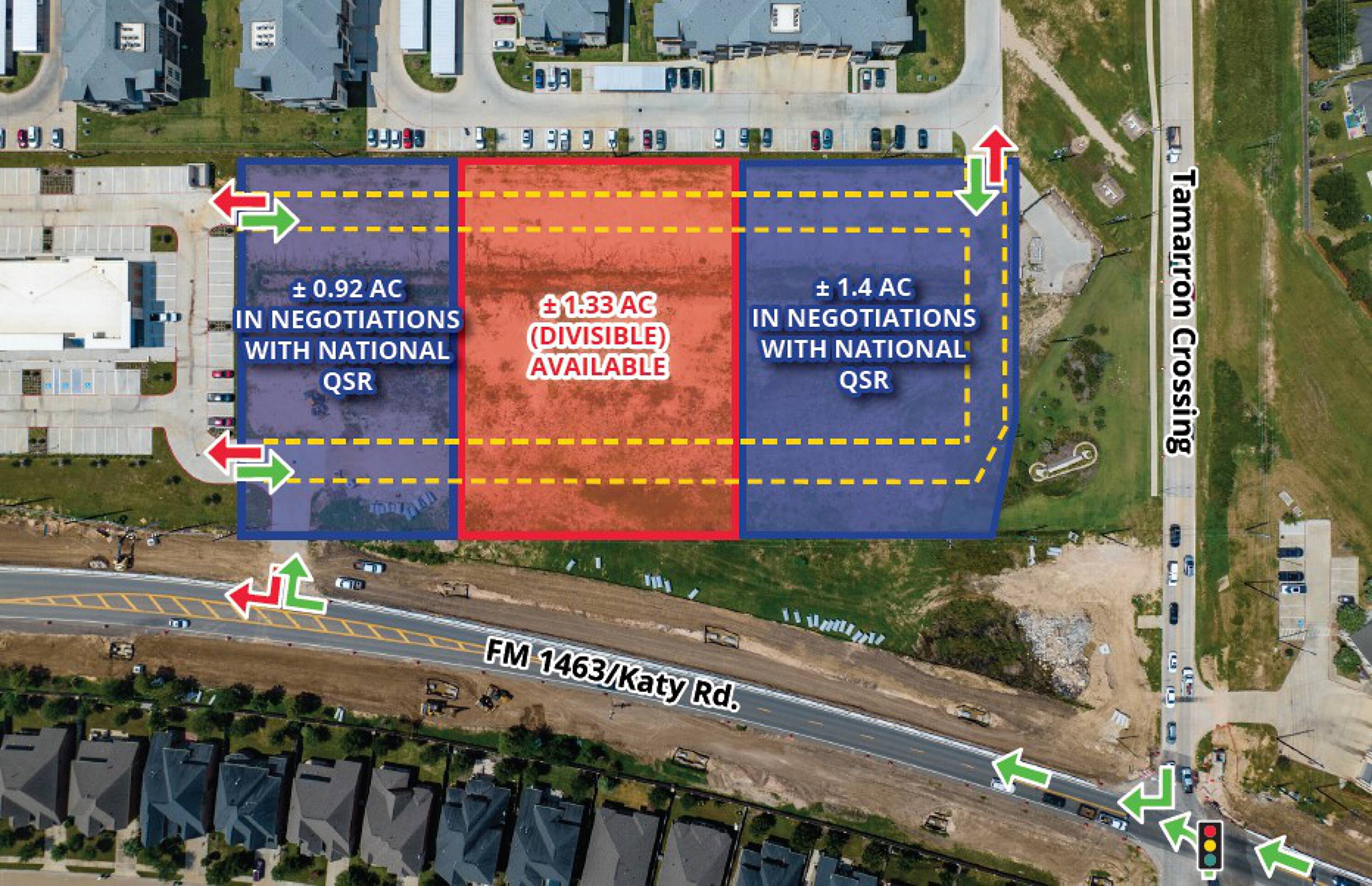 Aerial view of retail land parcel available for ground lease or sale at FM 1463, Katy, TX, with adjacent parcels in negotiation.