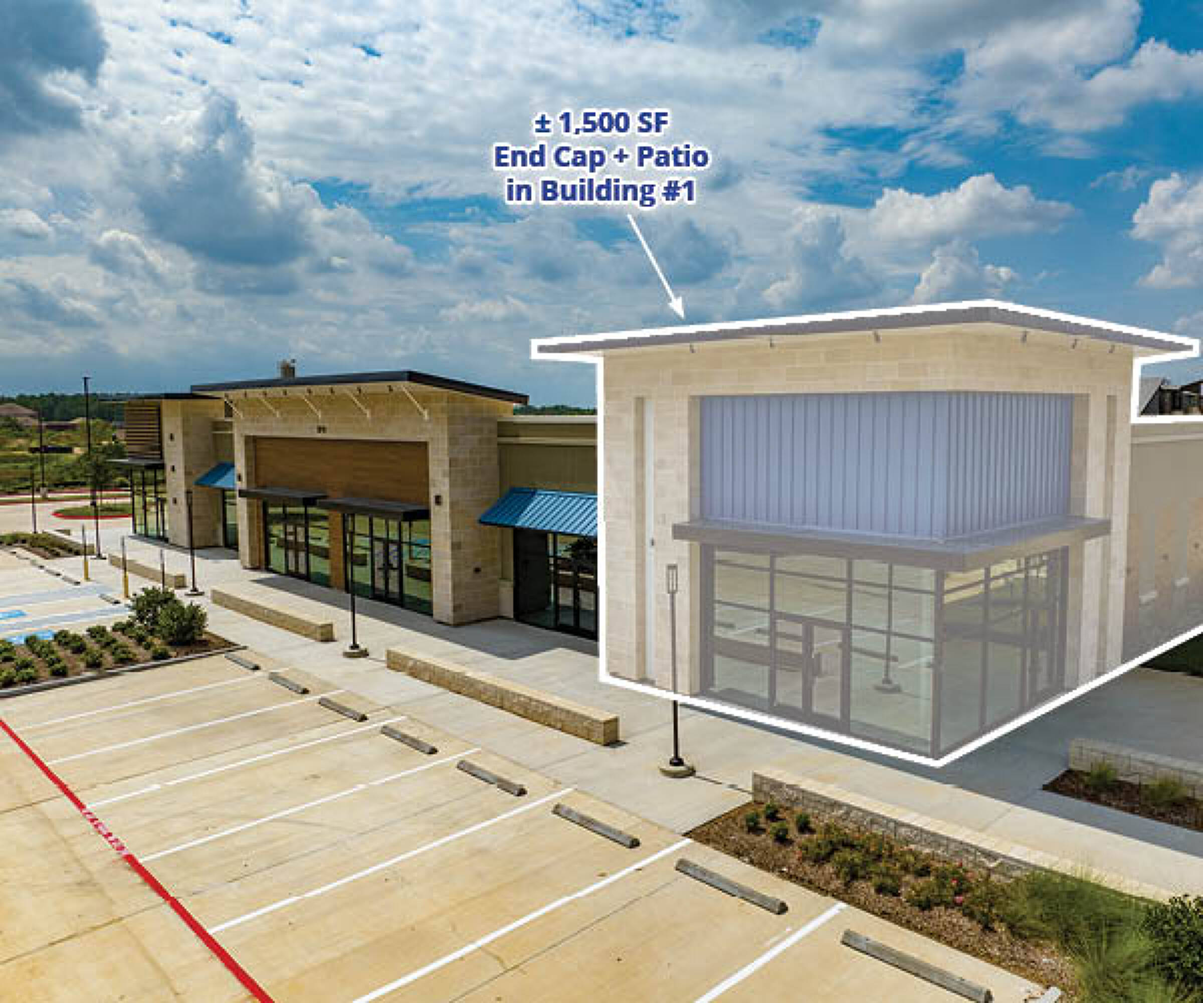Retail property at FM 1463, Katy, TX, featuring an end cap unit with additional patio space and ample parking.