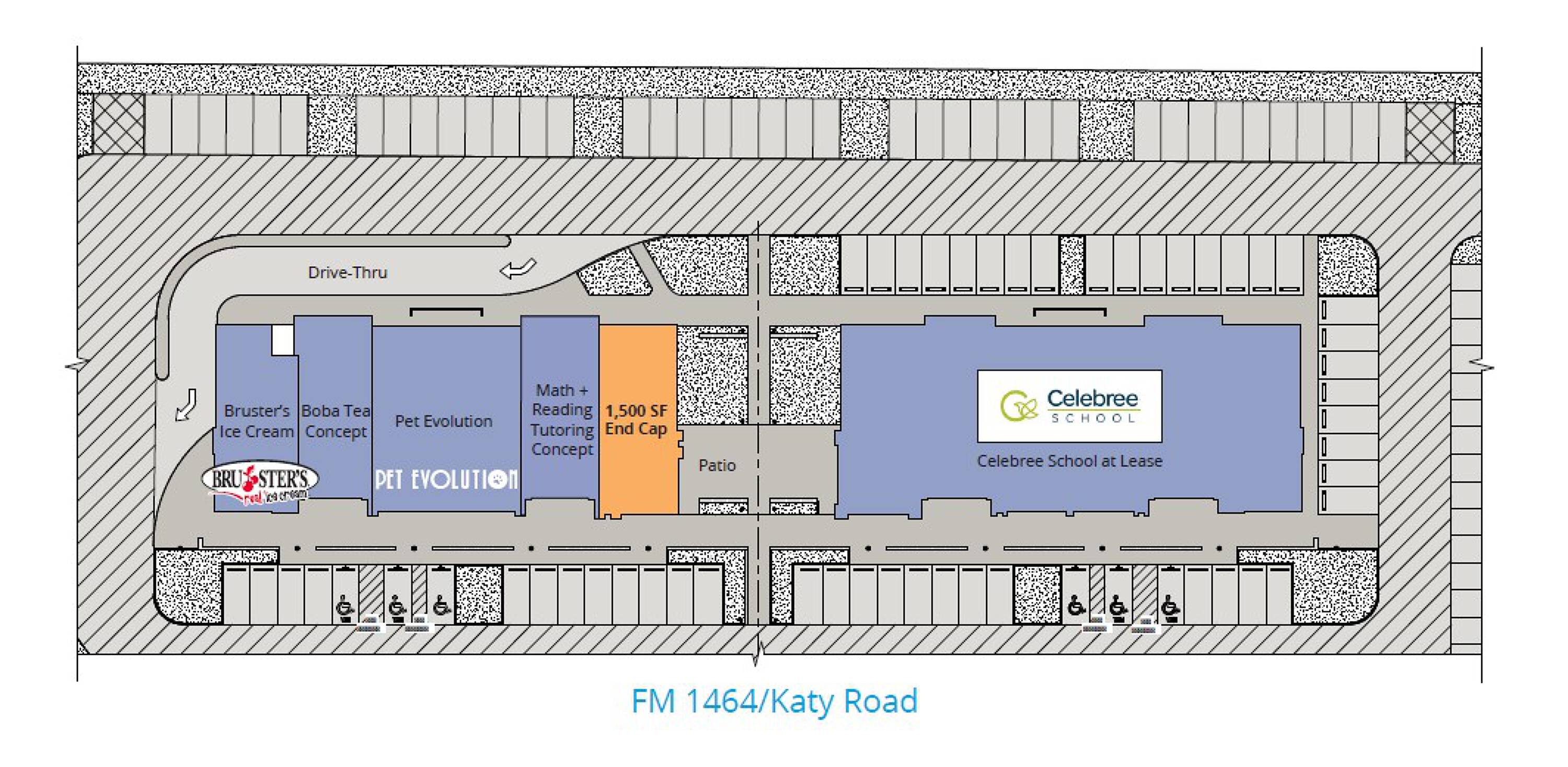 Aerial view of a retail property at FM 1463, Katy, TX, showing multiple tenants, parking, and drive-thru facilities.