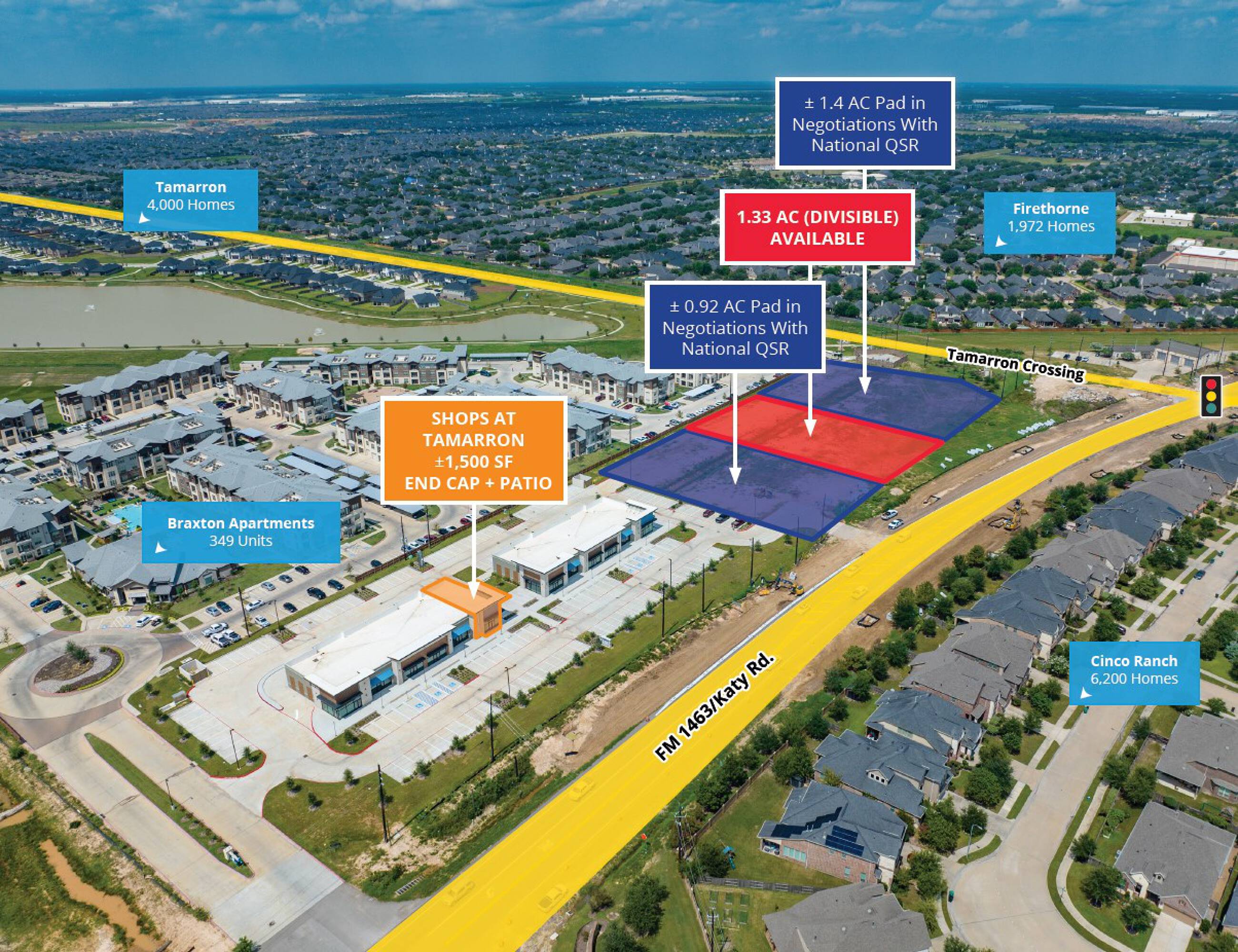 Aerial view of For Ground Lease/Sale I Retail at Tamarron property on FM 1463 in Katy, TX, highlighting available retail spaces and surrounding amenities.