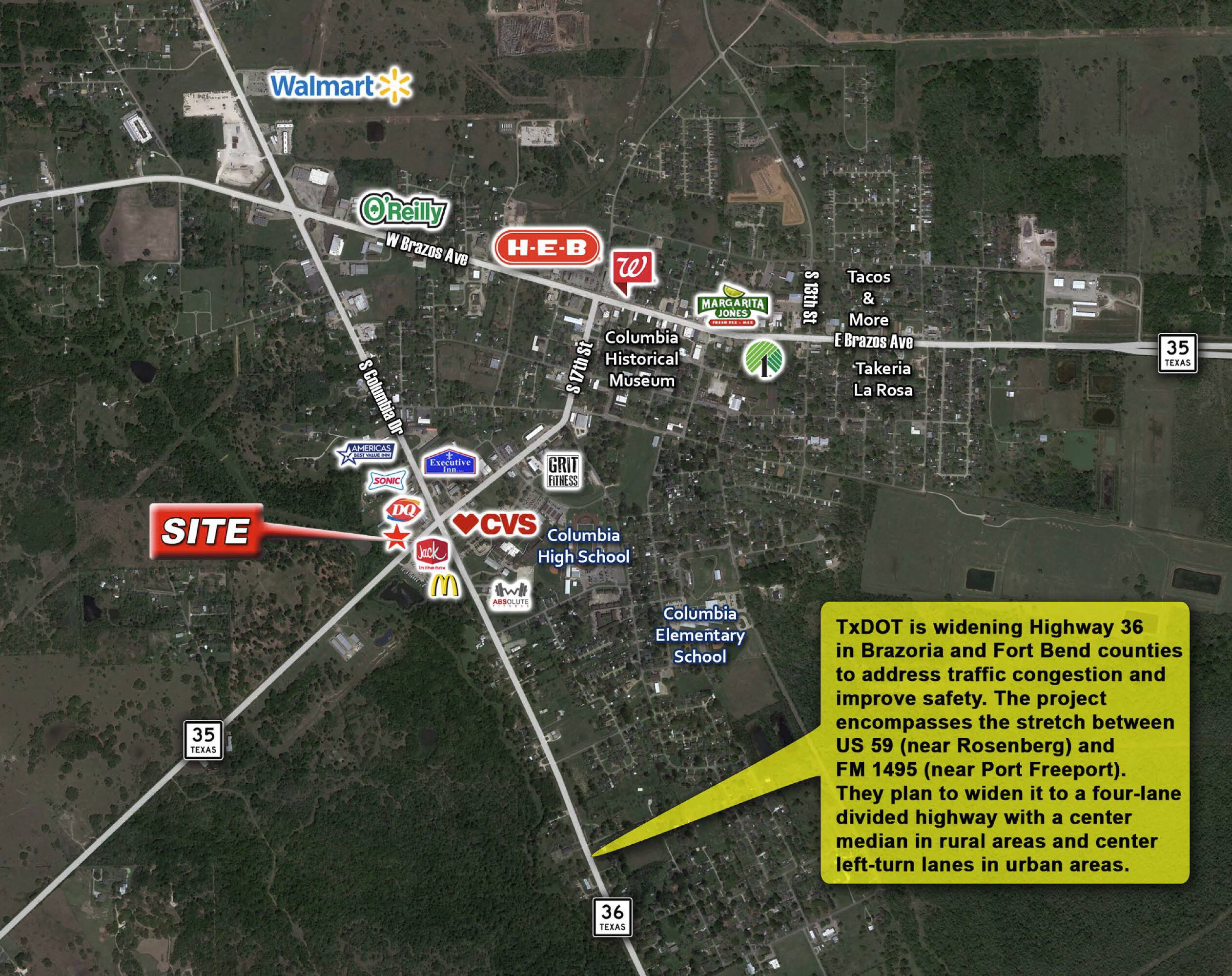 Aerial view of 18,000 SF building on 1.4 acres in West Columbia, TX, near major retailers and with upcoming road improvements.