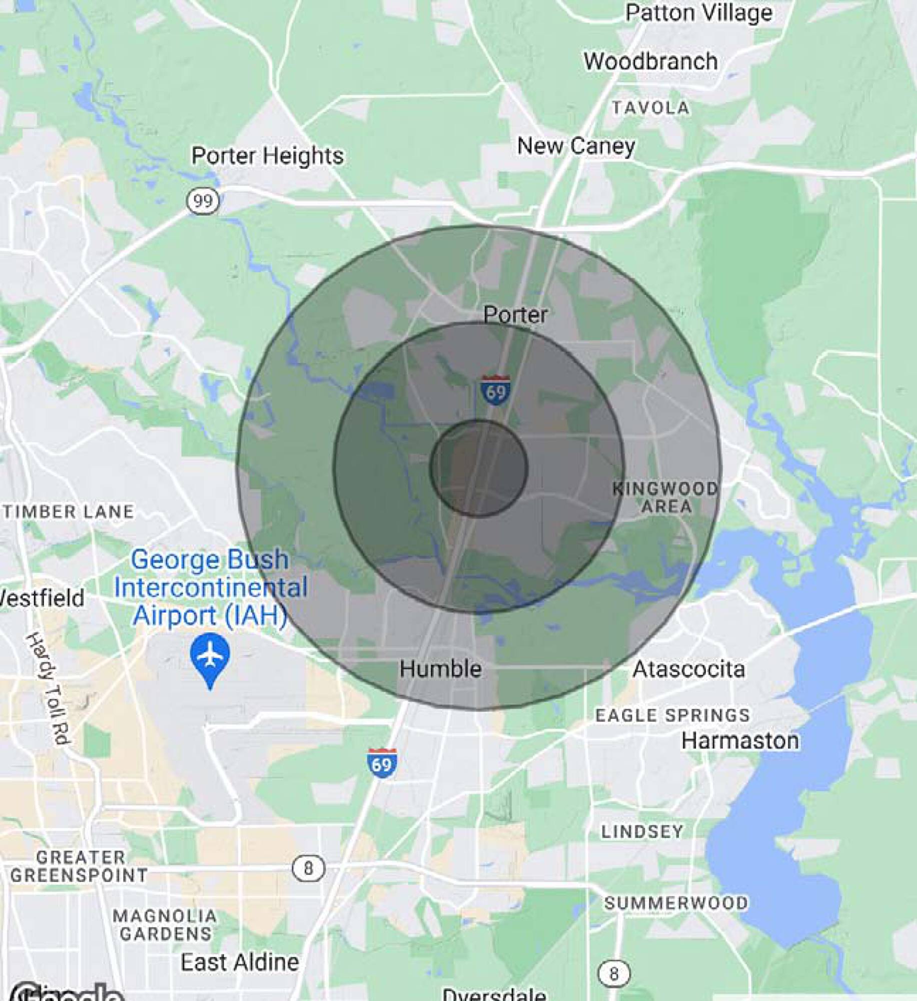 Map showing the location of 23692 Highway 59 North in Kingwood, TX, with surrounding neighborhoods and landmarks.