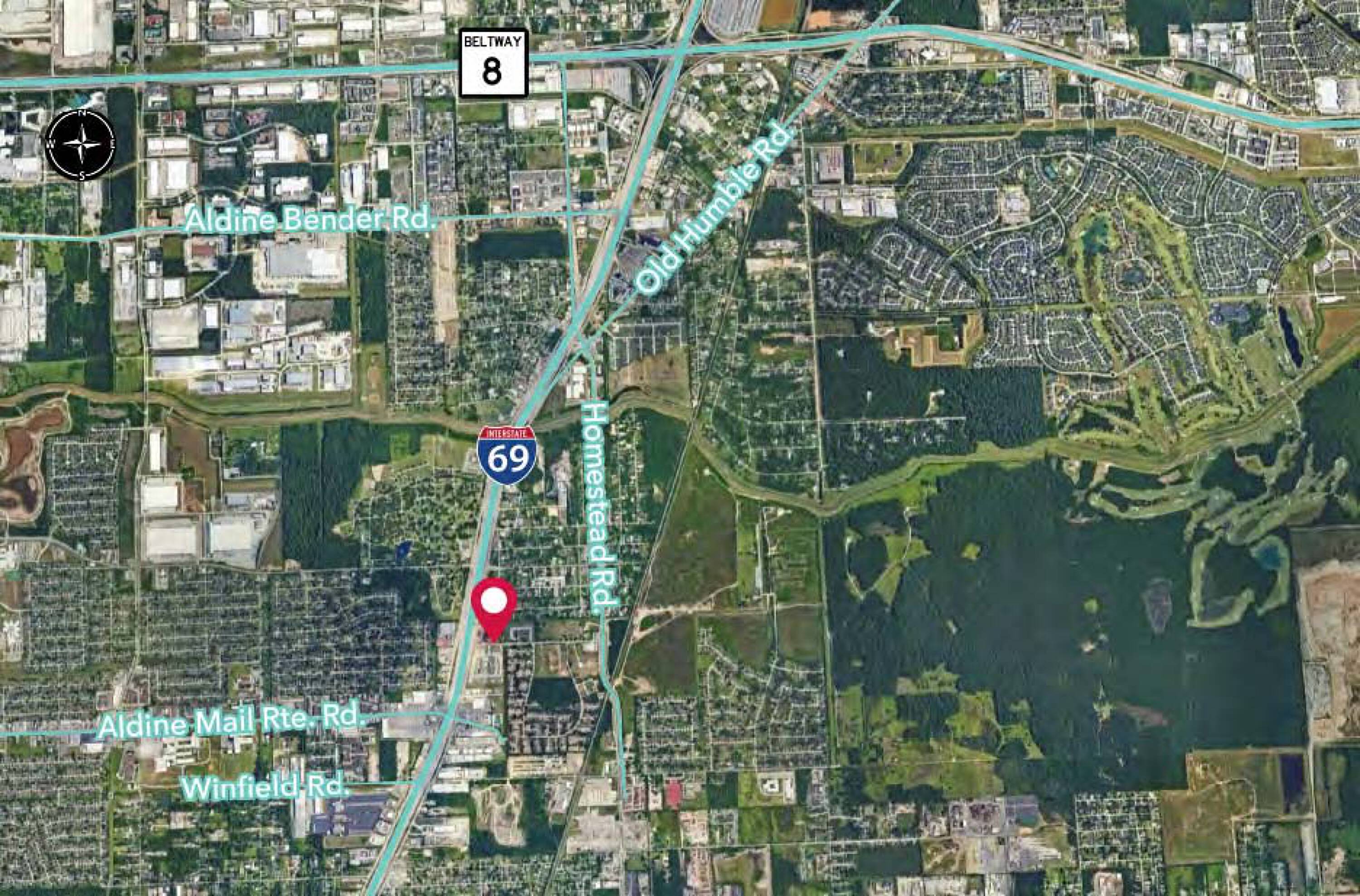 Aerial view of 0 Eastex Fwy, Houston, TX, showing proximity to major highways and surrounding developments.
