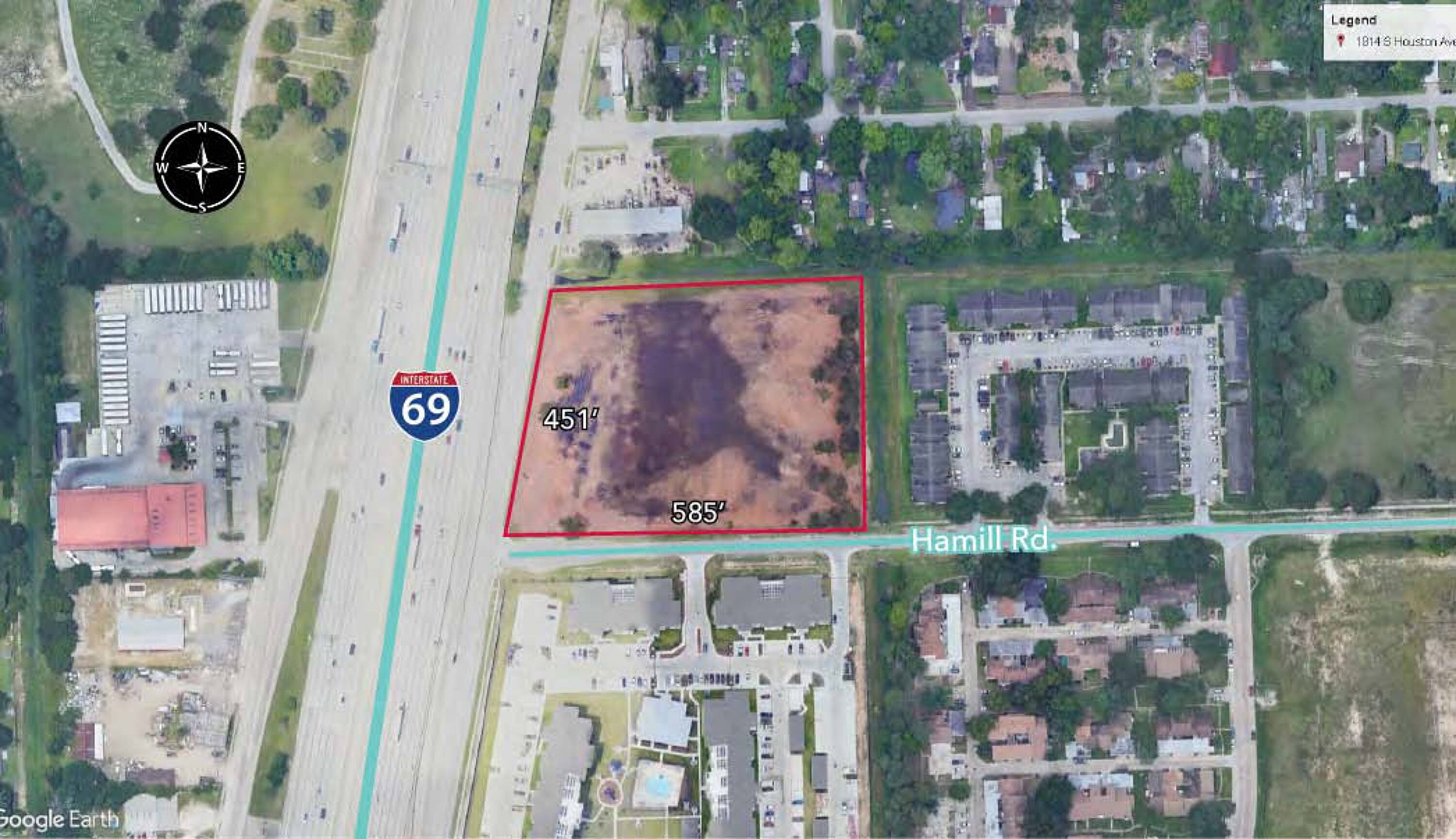 Aerial view of a vacant land property at 0 Eastex Fwy, Houston, TX, with direct access from Eastex Fwy and Hamill Rd.