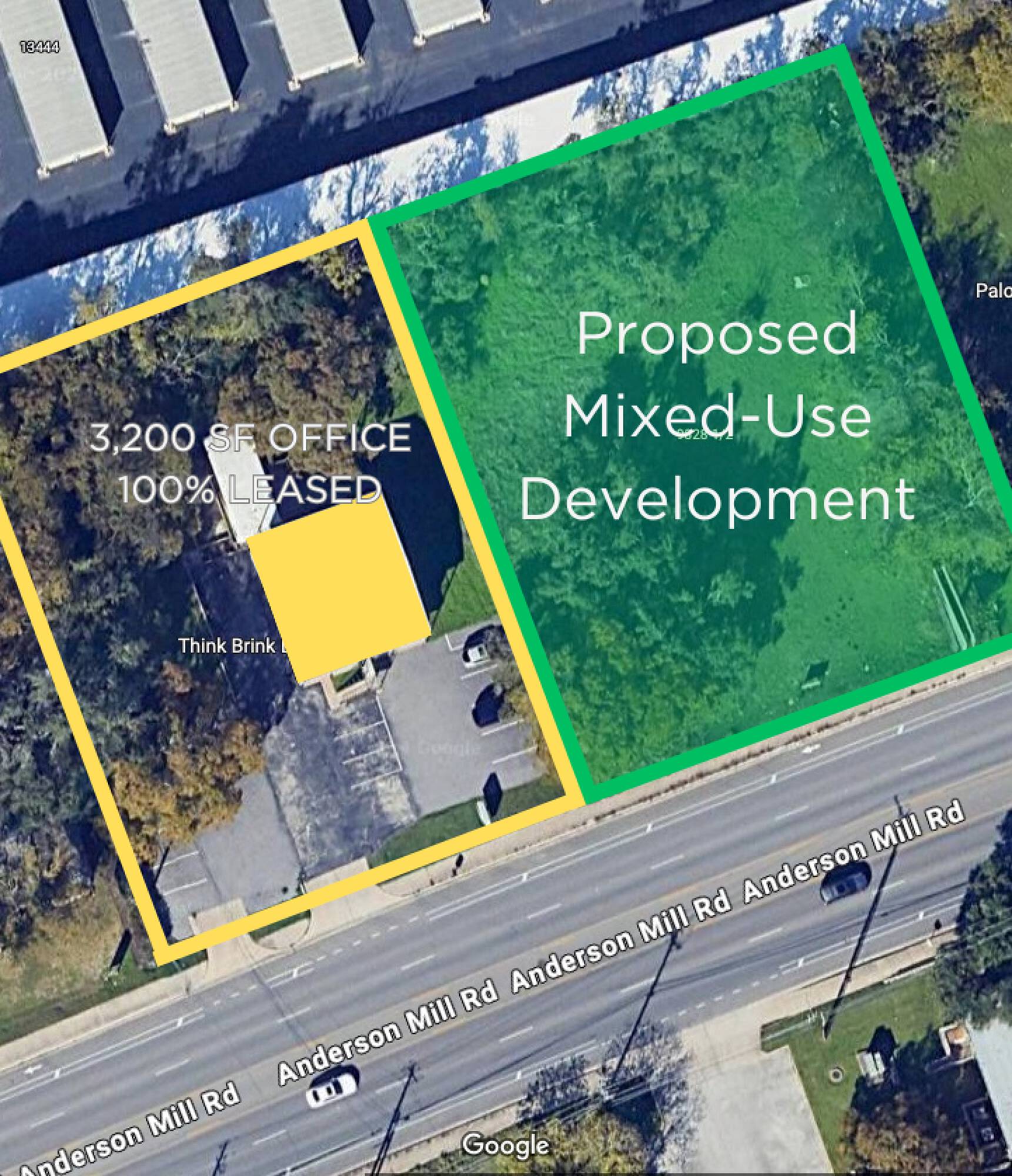 Aerial view of a property at 9410 Anderson Mill Rd, Austin, TX, showing an existing office building and proposed mixed-use development area.