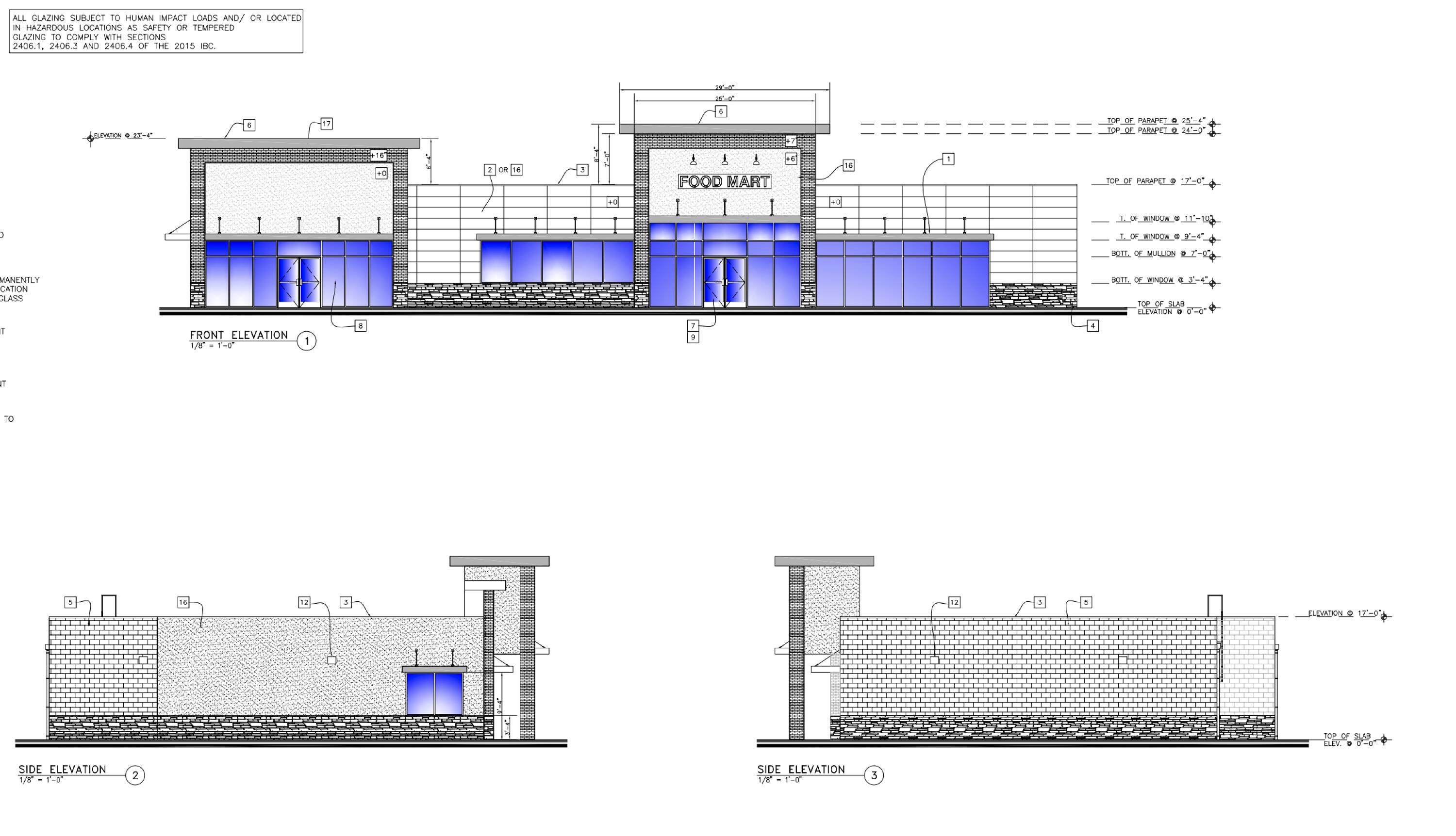 Architectural plans for a modern gas station site with large windows and ample parking.