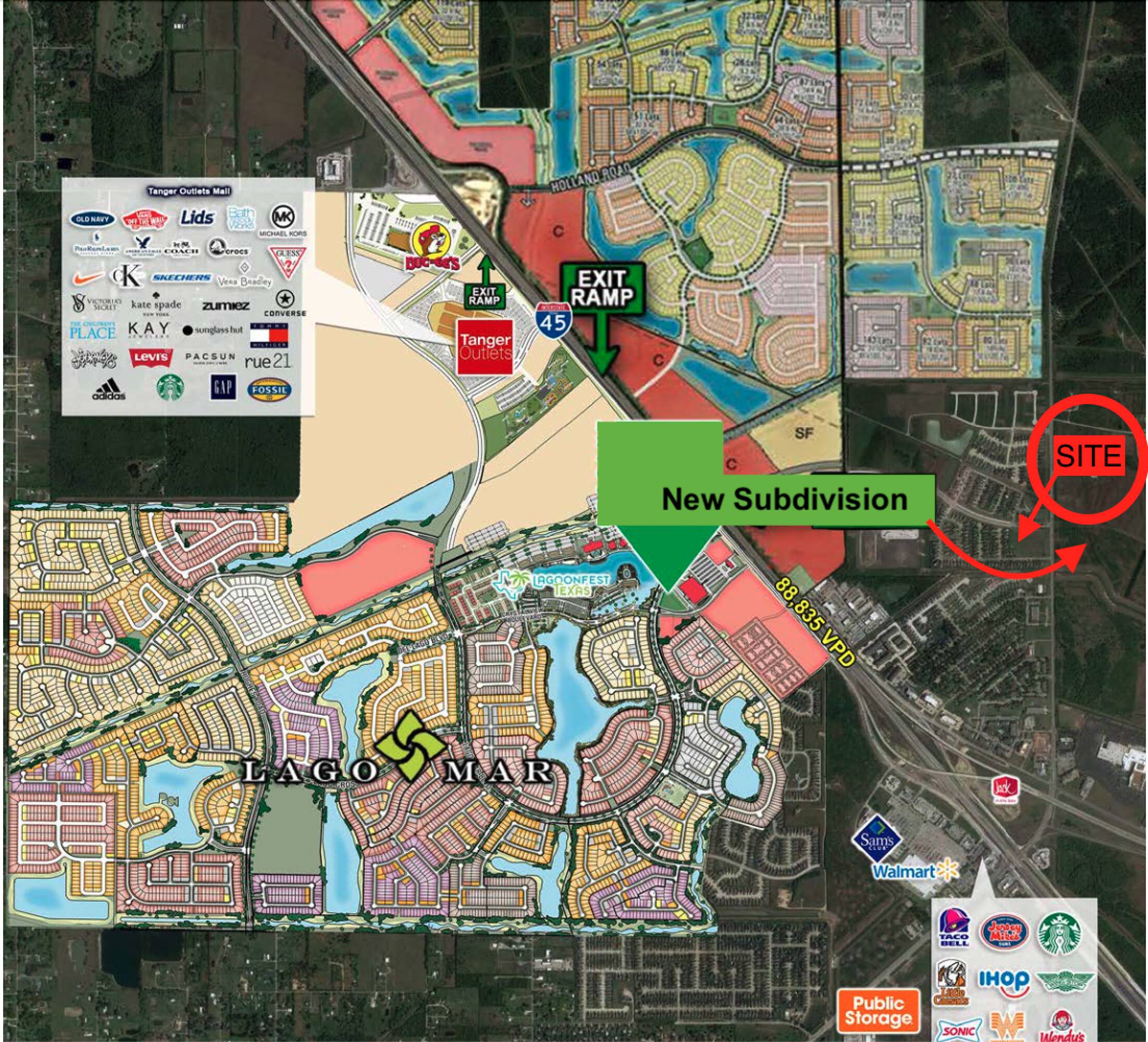 Aerial view of a gas station site with approved plans located near Lago Mar subdivision and major retail brands in Texas City, TX.