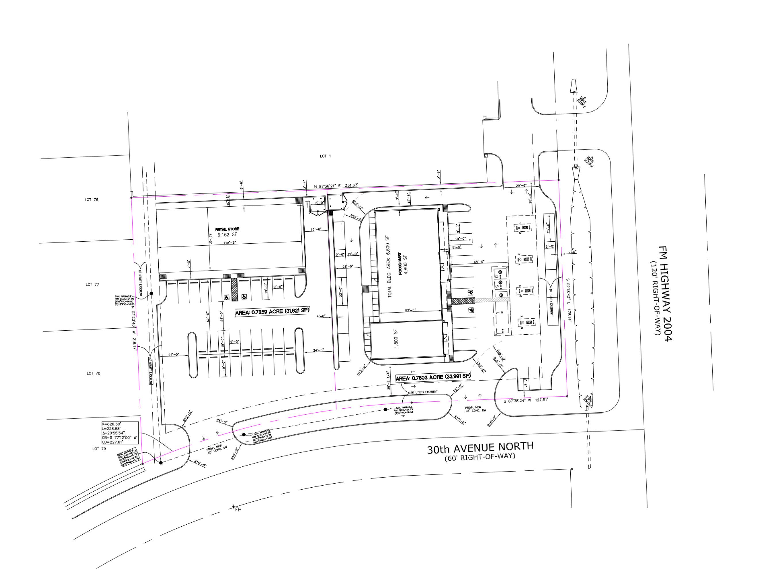 Site plan for a gas station development at 3001 FM 2004, Texas City, TX 77591.