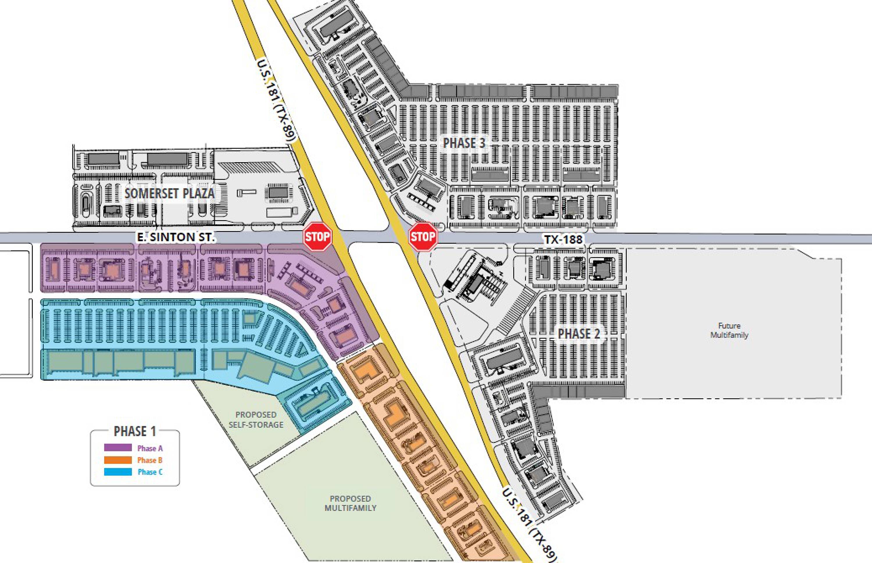 Aerial view of a 3-phase retail development site at U.S. 181 & E. Sinton St., Sinton, TX, with proposed multifamily and storage areas.