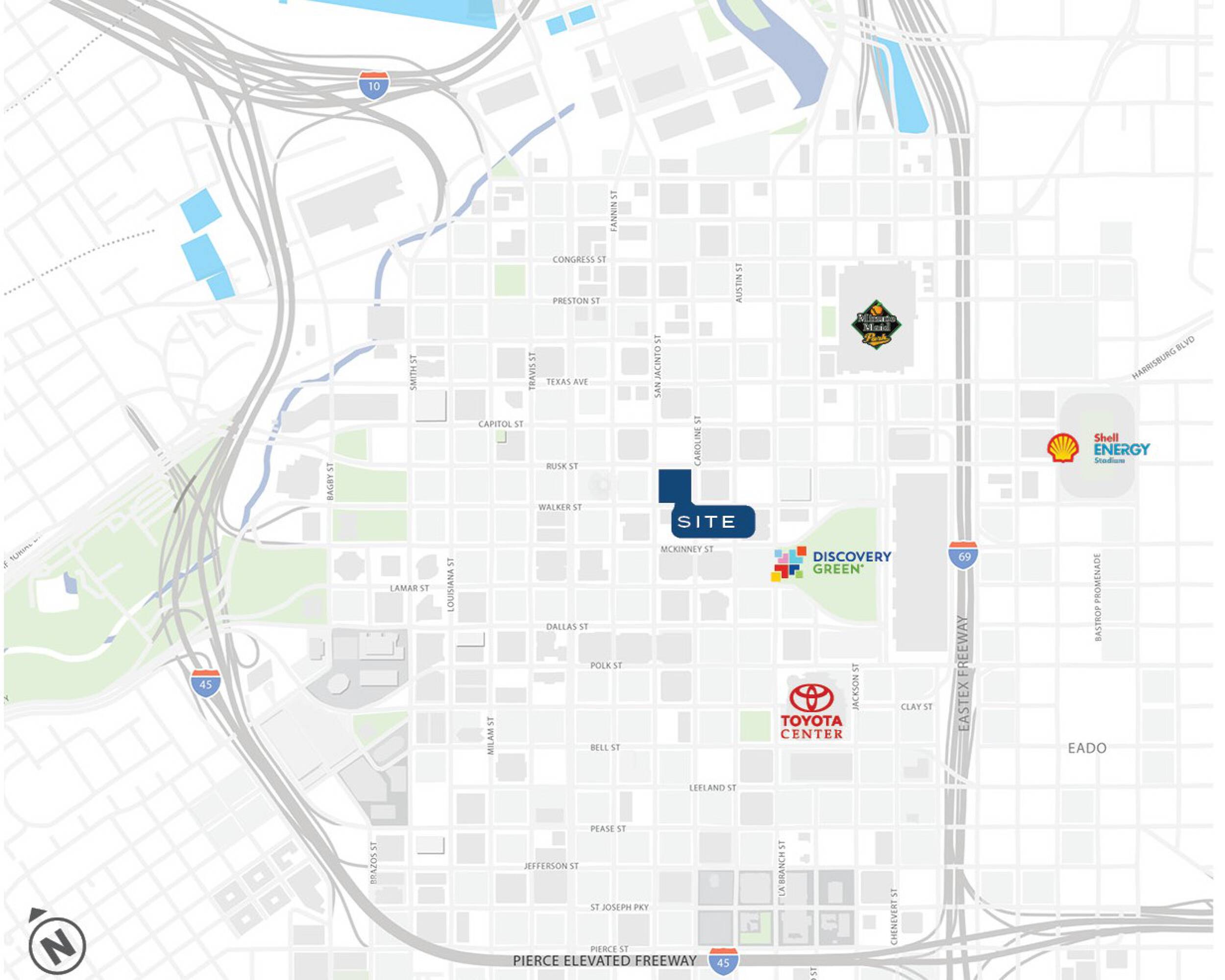 Aerial map view of Block 95 property at 1215 Walker St, Houston, TX, highlighting surrounding landmarks and highways.