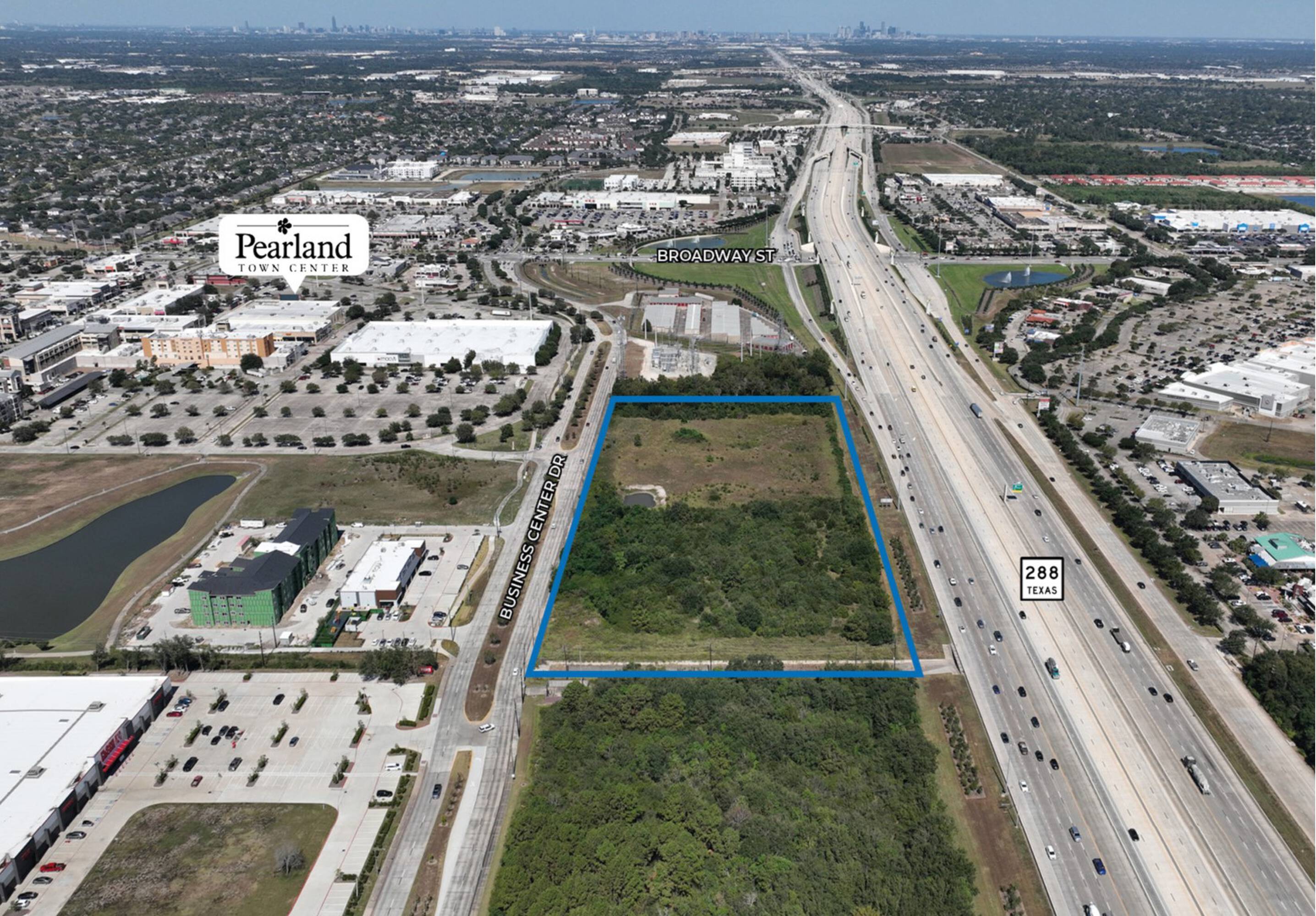 Aerial view of undeveloped land parcel at SH 288 & FM 518, Business Center Dr., Pearland, TX.