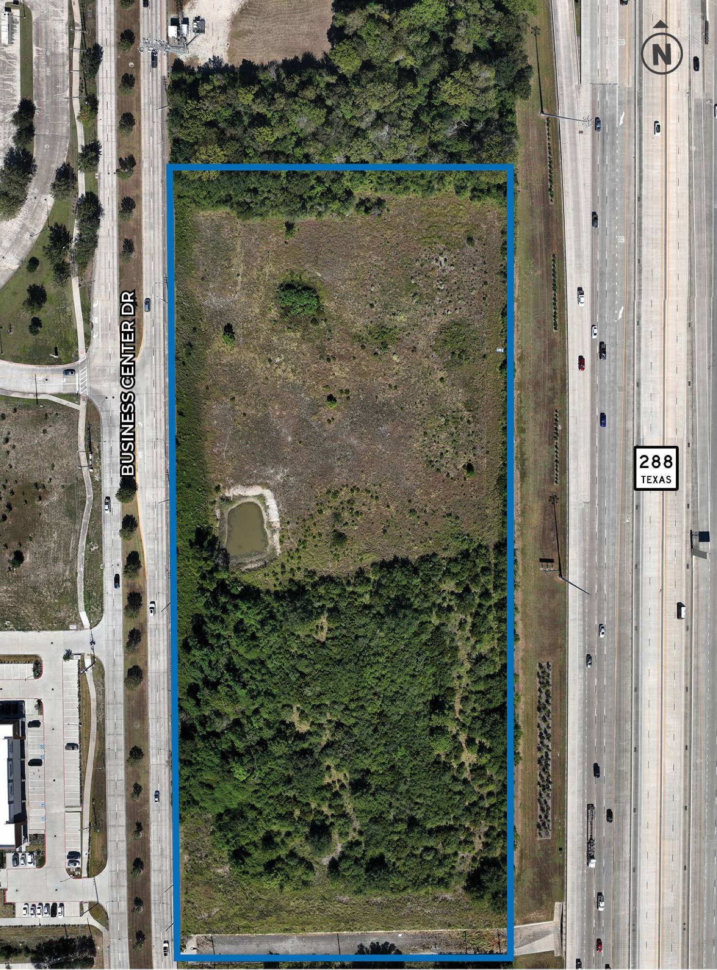 Aerial view of a rectangular vacant land parcel located at SH 288 & FM 518, Business Center Dr., Pearland, TX.