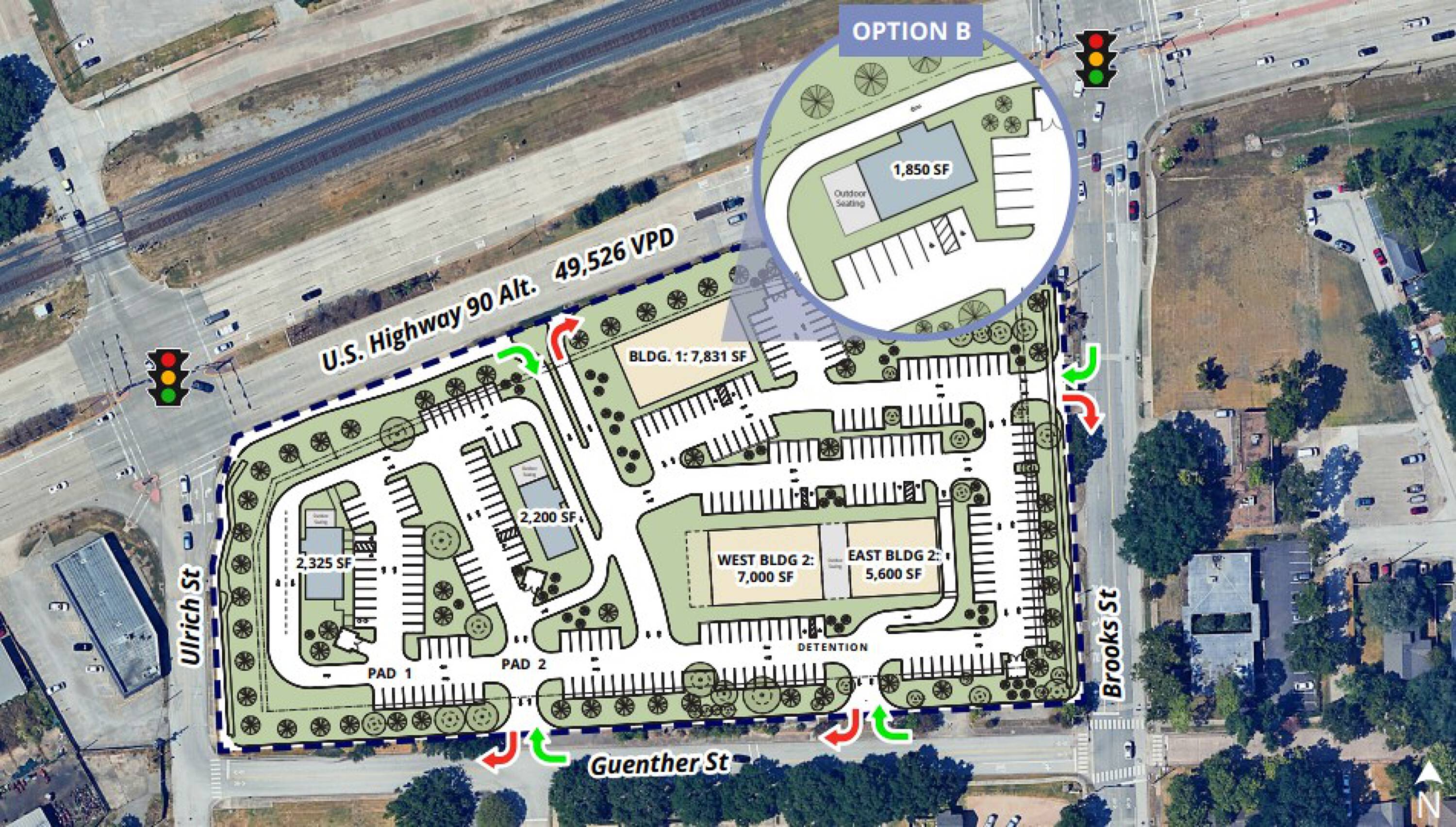 Aerial view of a retail development site at SWC E. Highway 90 Alt. & Brooks St., Sugar Land, TX, with multiple pad sites available for lease or sale.