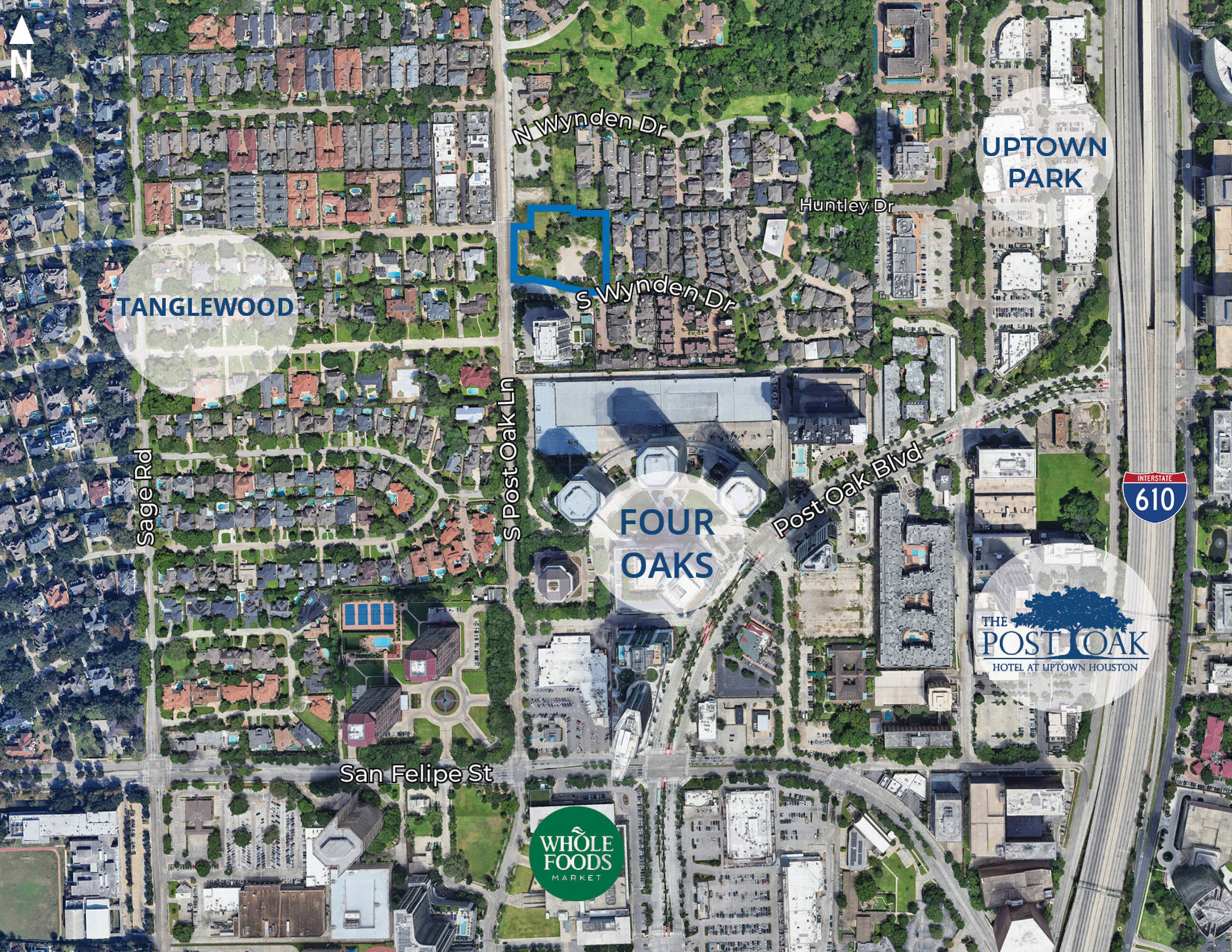 Aerial view of 1175 S Post Oak Ln, Houston, TX, highlighting surrounding high-rises, Whole Foods, and nearby neighborhoods.