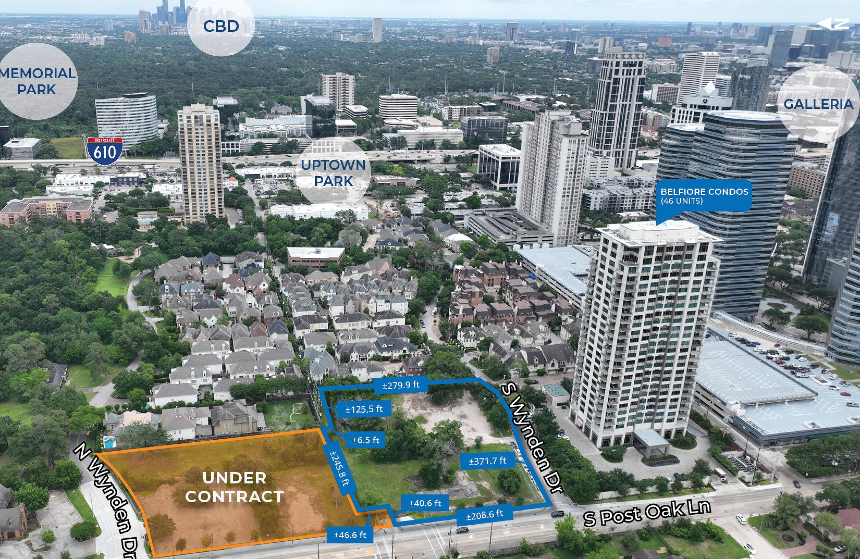 Aerial view of 1175 S Post Oak Ln, Houston, TX, showing the land under contract and surrounding high-rise buildings and neighborhoods.