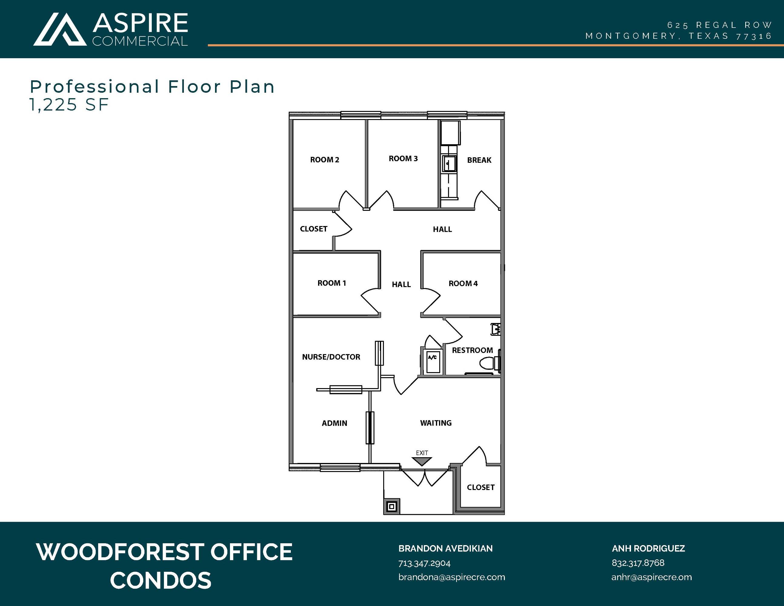 Floor plan of Woodforest Medical Center - Building 4, showing layout with professional rooms, break room, closet, waiting area, restroom, and nurse station.
