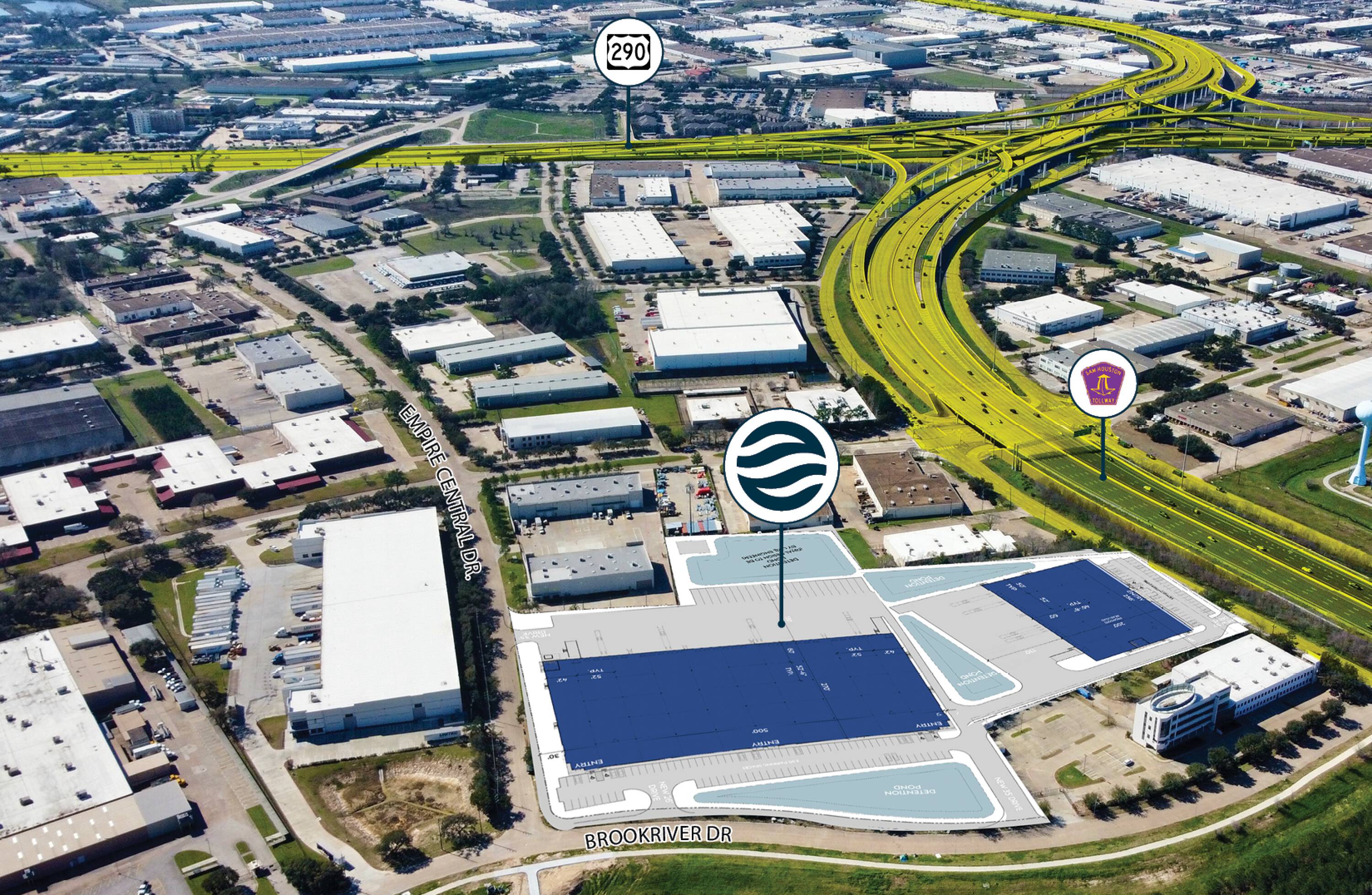 Aerial view of Brookhollow West Industrial Park in Houston, TX, showcasing industrial buildings, parking, and highway access.