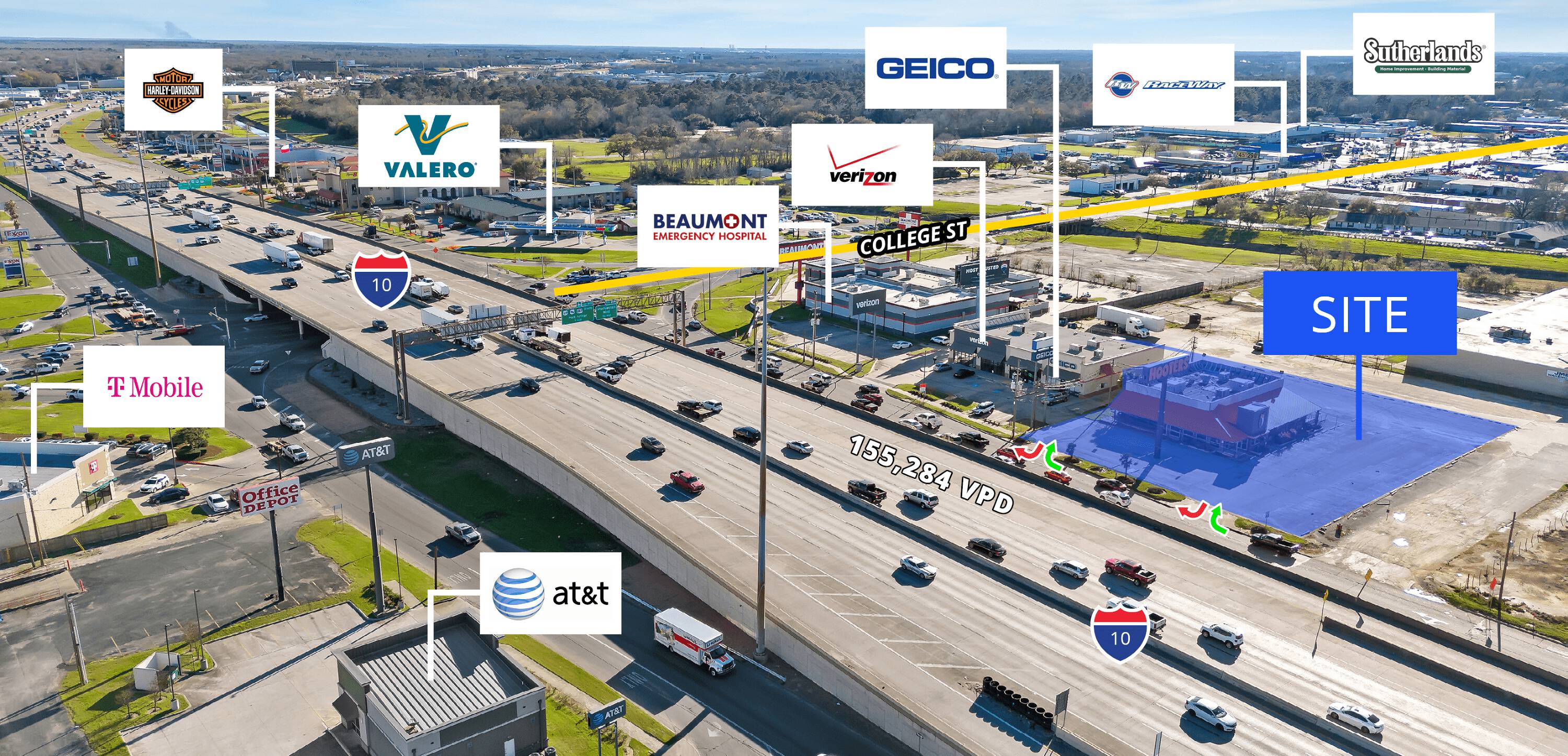 Aerial view of a vacant restaurant building at 850 I-10, Beaumont, TX, surrounded by major brands with ample parking and highway visibility.