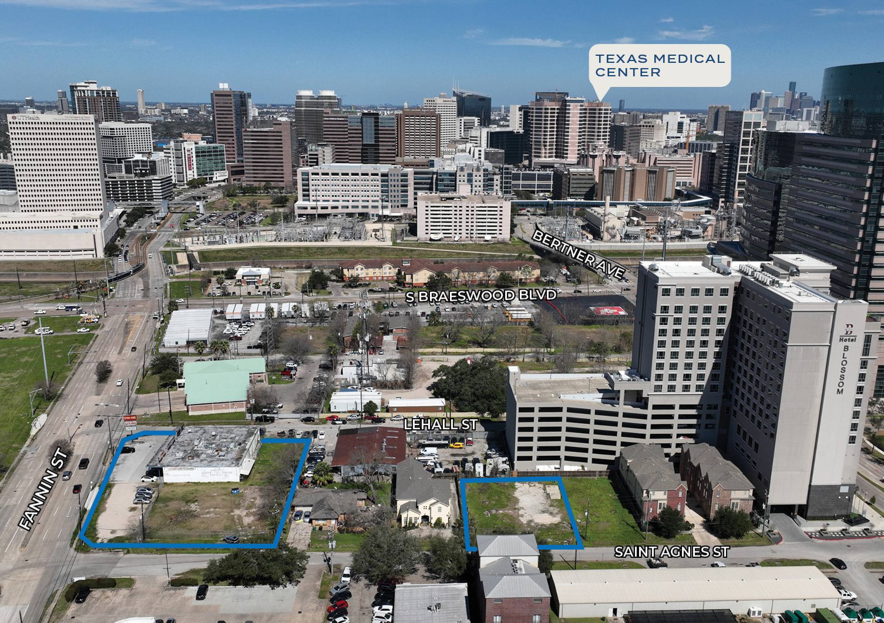 Aerial view of the land property at 7121 Fannin St & 1105 Saint Agnes St, Houston, TX, near Texas Medical Center.