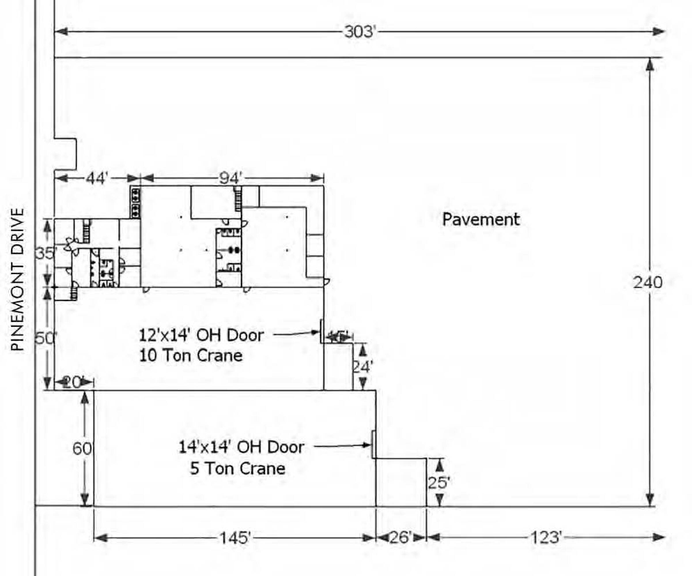 Floor plan of 4723 Pinemont Dr, Houston, TX, showing layout, access points, loading areas, and parking.