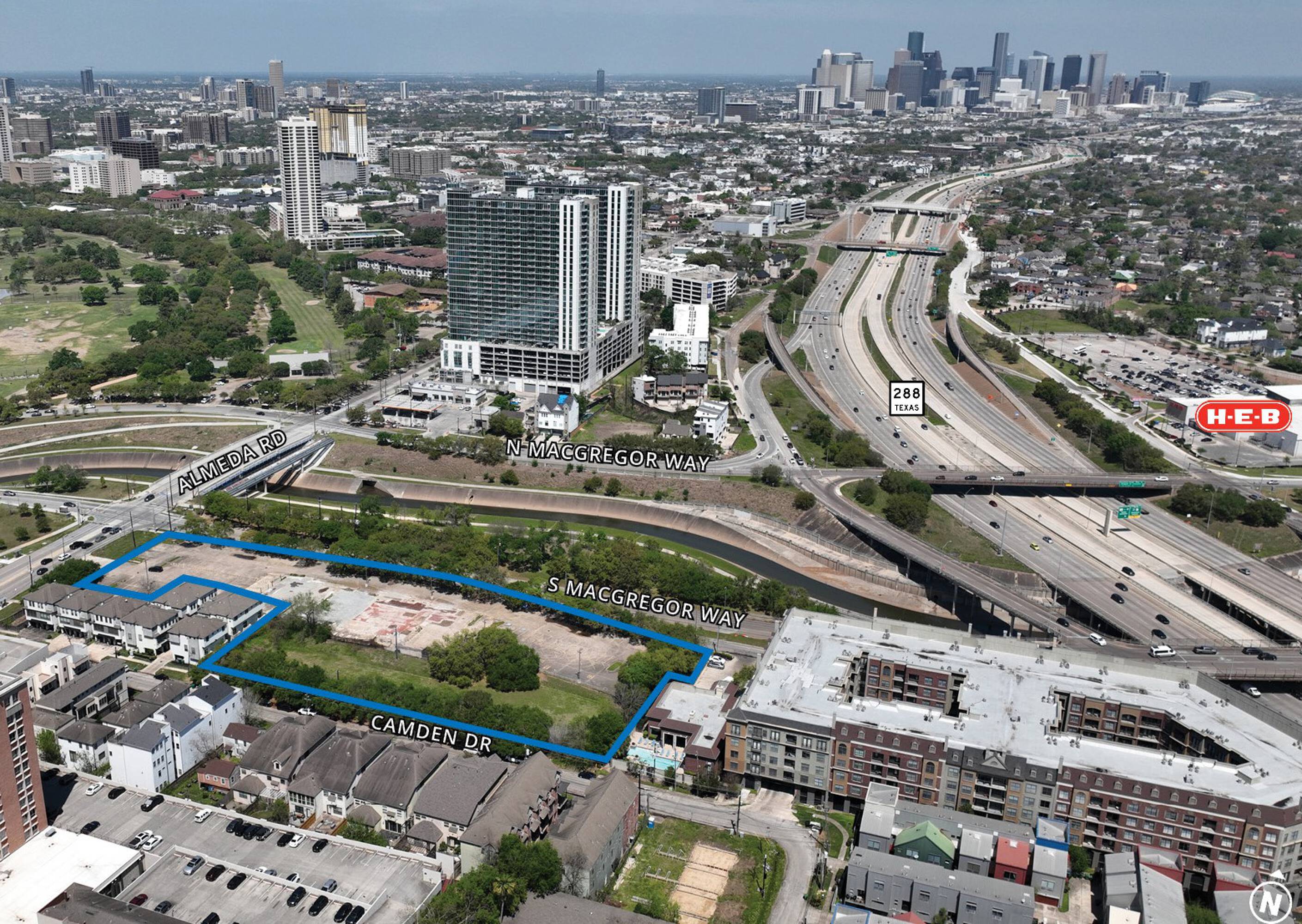 Aerial view of vacant land at 2306 S MacGregor Way, Houston, TX, near Camden Deerfield and major highways.
