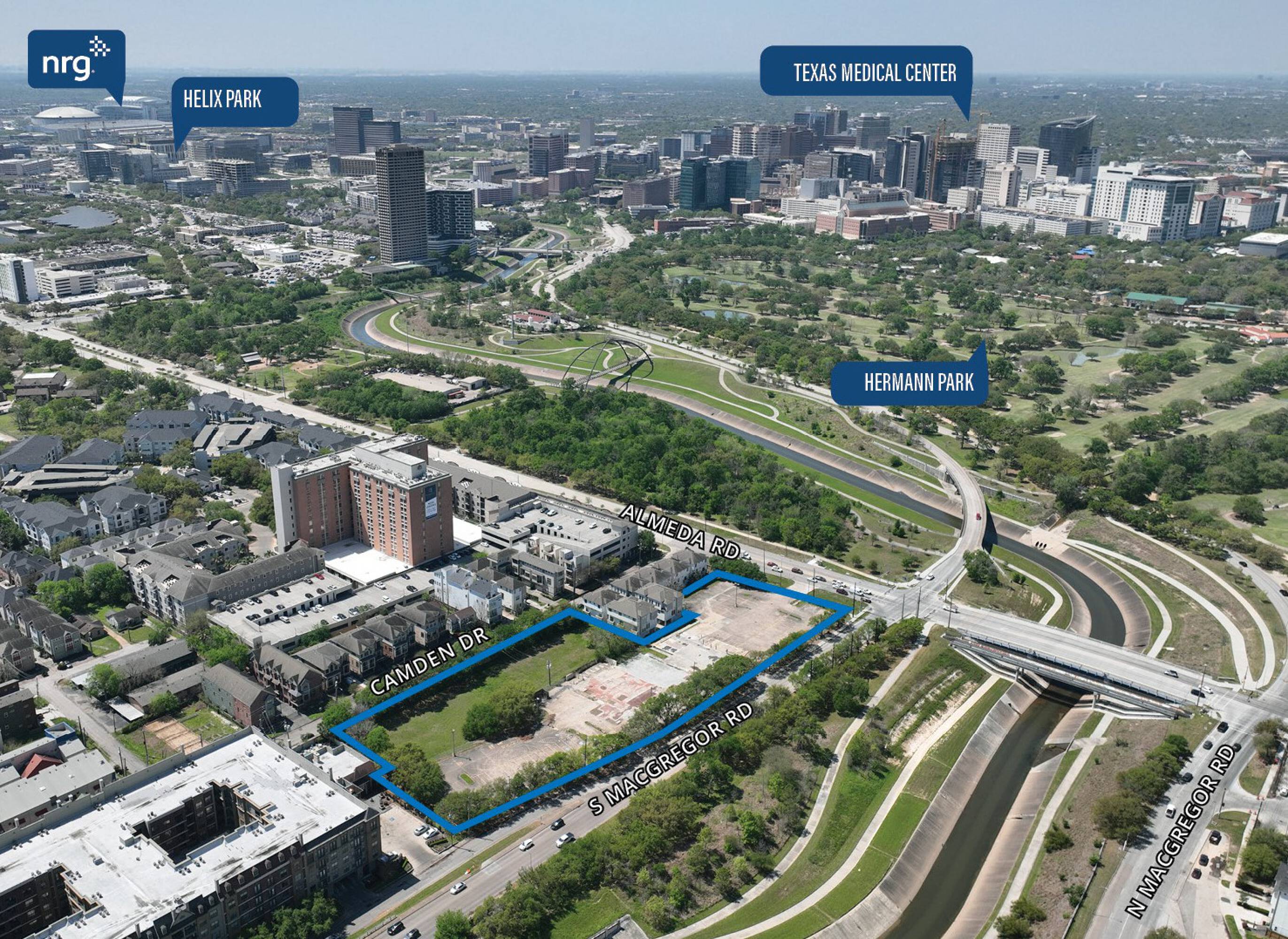 Aerial view of the vacant land property at 2306 S MacGregor Way, Houston, TX, near Helix Park, Texas Medical Center, and Hermann Park.