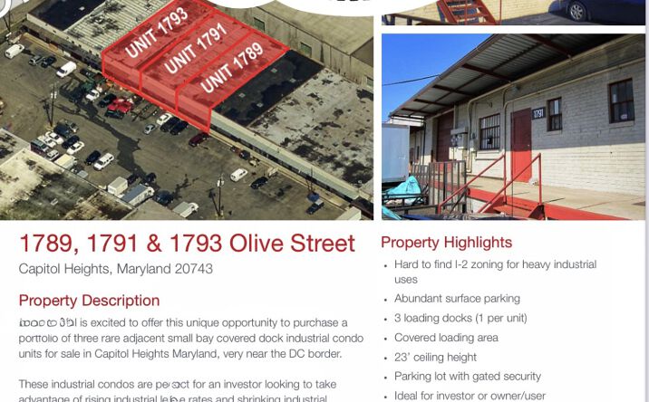 Pictures of Industrial property located at 1791 Olive Street Capitol Heights MD 20743, Capitol Heights, MD 20743 for sales - image #1