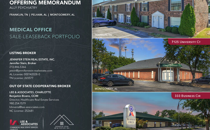 Pictures of Office property located at 109 Holiday Court, Franklin, TN 37067, 333 Business Circle, Pelham, AL 35124, 7125 University Court, Montgomery, AL 36117 for sales - image #1