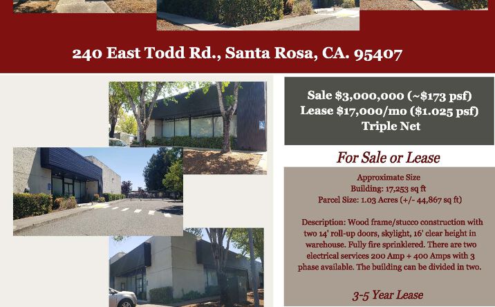 Pictures of Industrial property located at 240 E Todd Rd, Santa Rosa, CA 95407 for sales - image #1