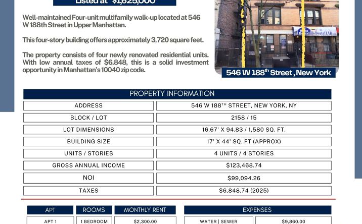 Pictures of Multifamily property located at 546 W 188th St, New York, NY 10040 for sales - image #1