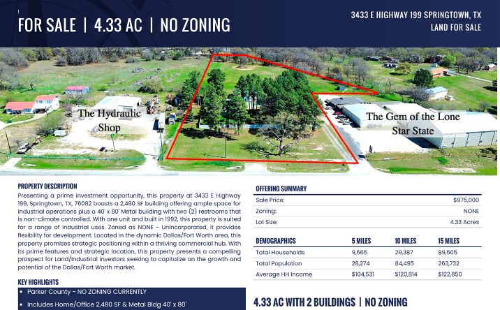 Pictures of Industrial, Land property located at 3433 E Hwy 199, Springtown, TX 76082 for sales - image #1