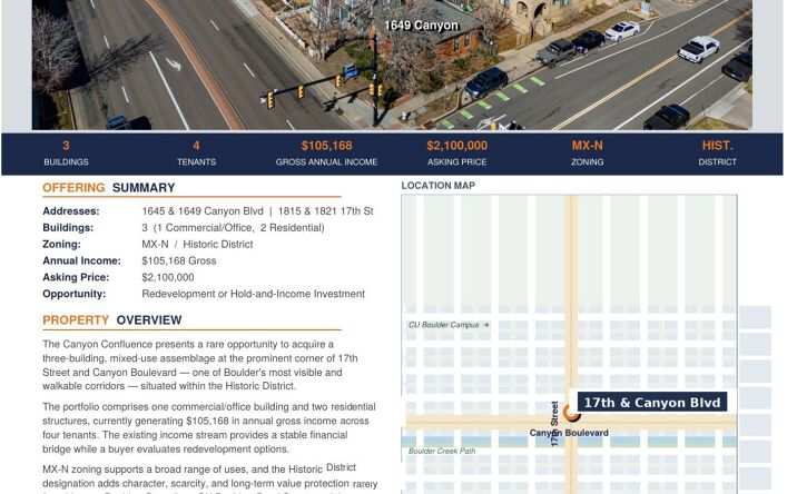 Pictures of Mixed Use property located at 1645 Canyon Boulevard, Boulder, CO 80302, 1649 Canyon Boulevard, Boulder, CO 80302-5406, 1815 17th Street, Boulder, CO 19132, 1821 17th Street, Boulder, CO 90404 for sales - image #1