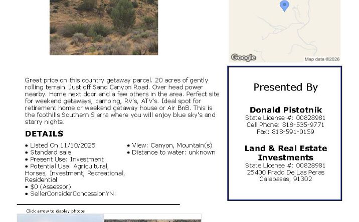 Pictures of Land property located at Sand Canyon Road, Havilah, CA 93518 for sales - image #1