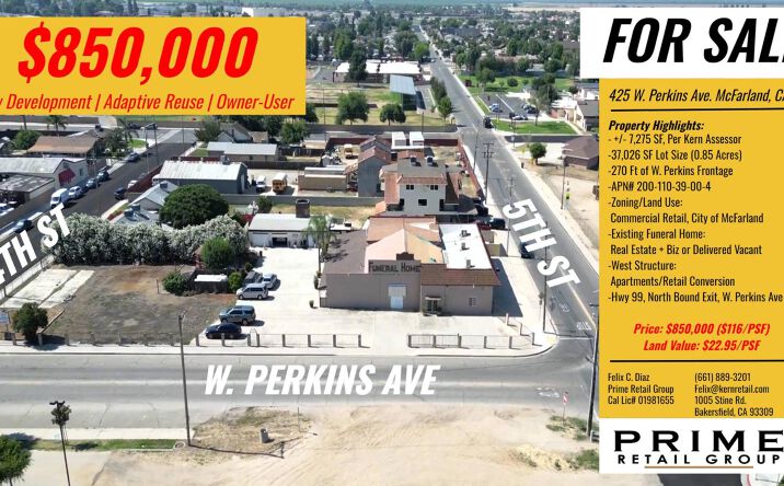 Pictures of Retail, Special Purpose property located at 425 W PERKINS AVE, MC FARLAND, CA 93250-1145 for sales - image #1