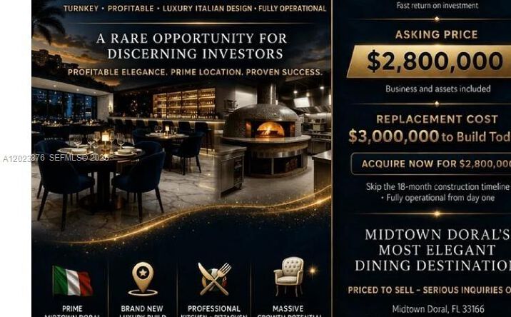 Pictures of Business for Sale, Retail property located at DORAL ITALIAN RESTAURANT, Doral, FL 33178 for sales - image #1