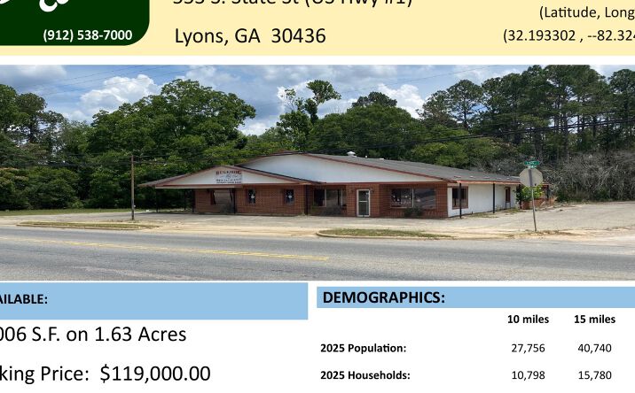 Pictures of Retail property located at 553 S. State St (US Hwy #1), Lyons, GA 30436 for sales - image #1