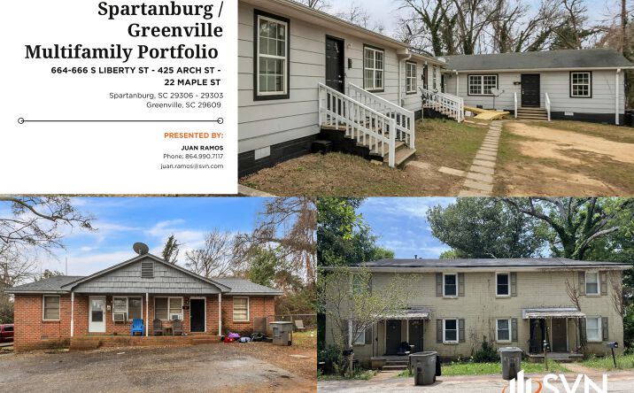 Pictures of Multifamily property located at 664-666 S Liberty St, Spartanburg, SC 29306, 425 Arch St, Spartanburg, SC 29303, 22 Maple St, Greenville, SC 29609 for sales - image #1