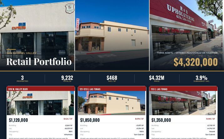 Pictures of Retail, Mixed Use property located at 919 W. Valley Blvd, Alhambra, CA 91803-2429, 121-123 E. Las Tunas Dr, San Gabriel, CA 91776-1401, 113 E. Las Tunas Dr, San Gabriel, CA 91776-1265 for sales - image #1