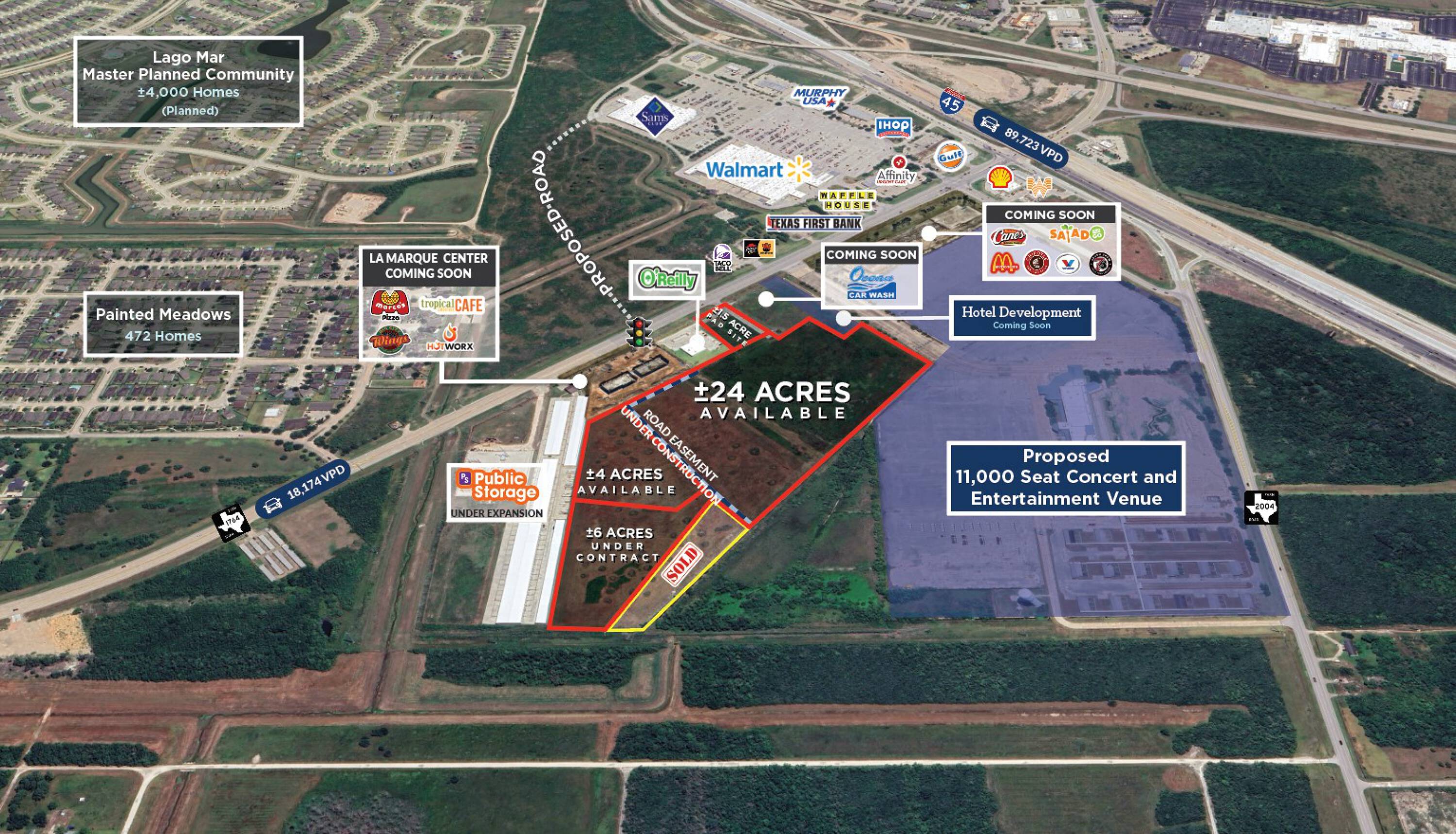 Aerial view of 29.5 acres of land at SWQ of FM 1764 and I-45 South, Texas City, TX, surrounded by retail and entertainment developments.