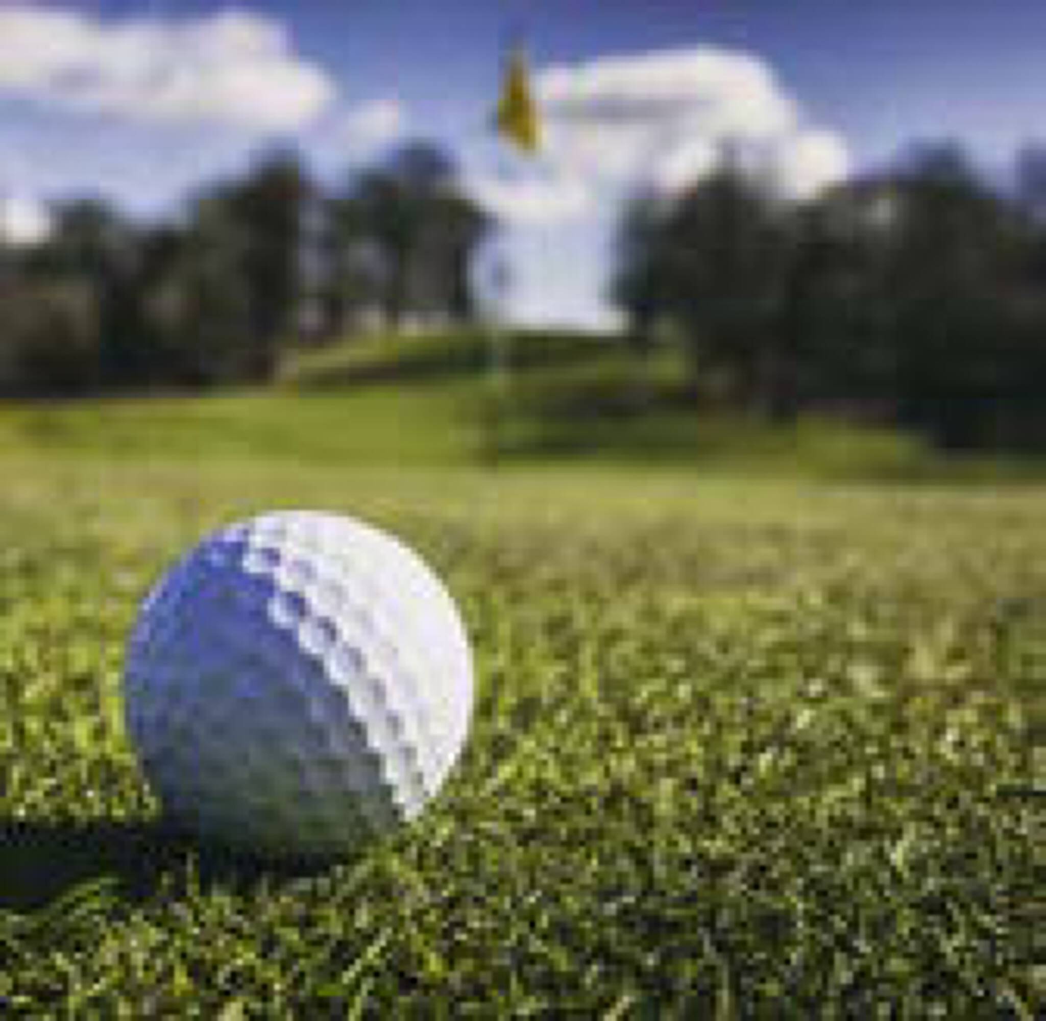 Golf ball on a lush green field with a scenic background.