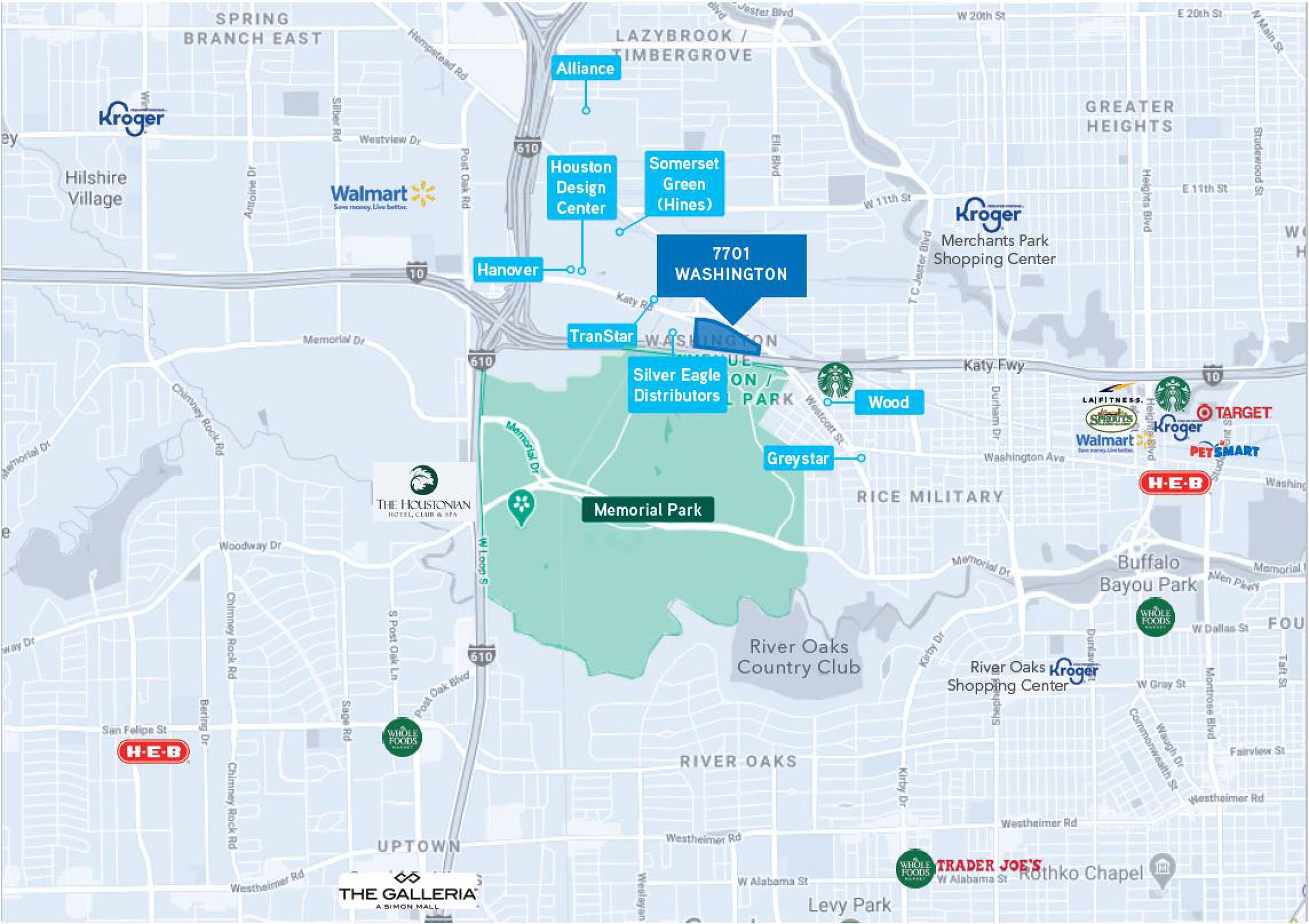 Aerial view of 7701 Washington Avenue, Houston, TX, showcasing surrounding retail and residential landmarks.