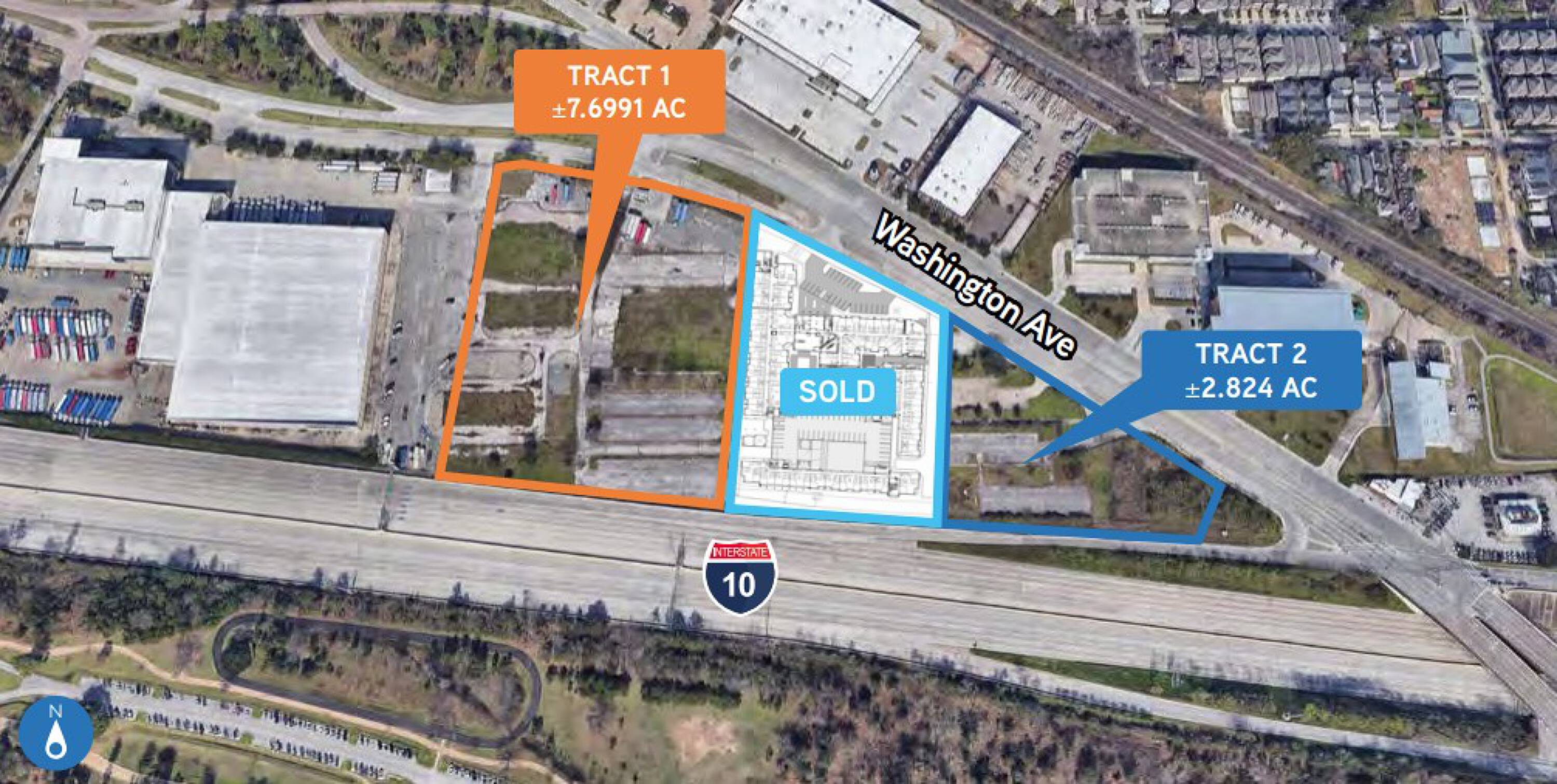 Aerial view of 7701 Washington Avenue property showing three land parcels with direct access to Washington Ave and I-10.